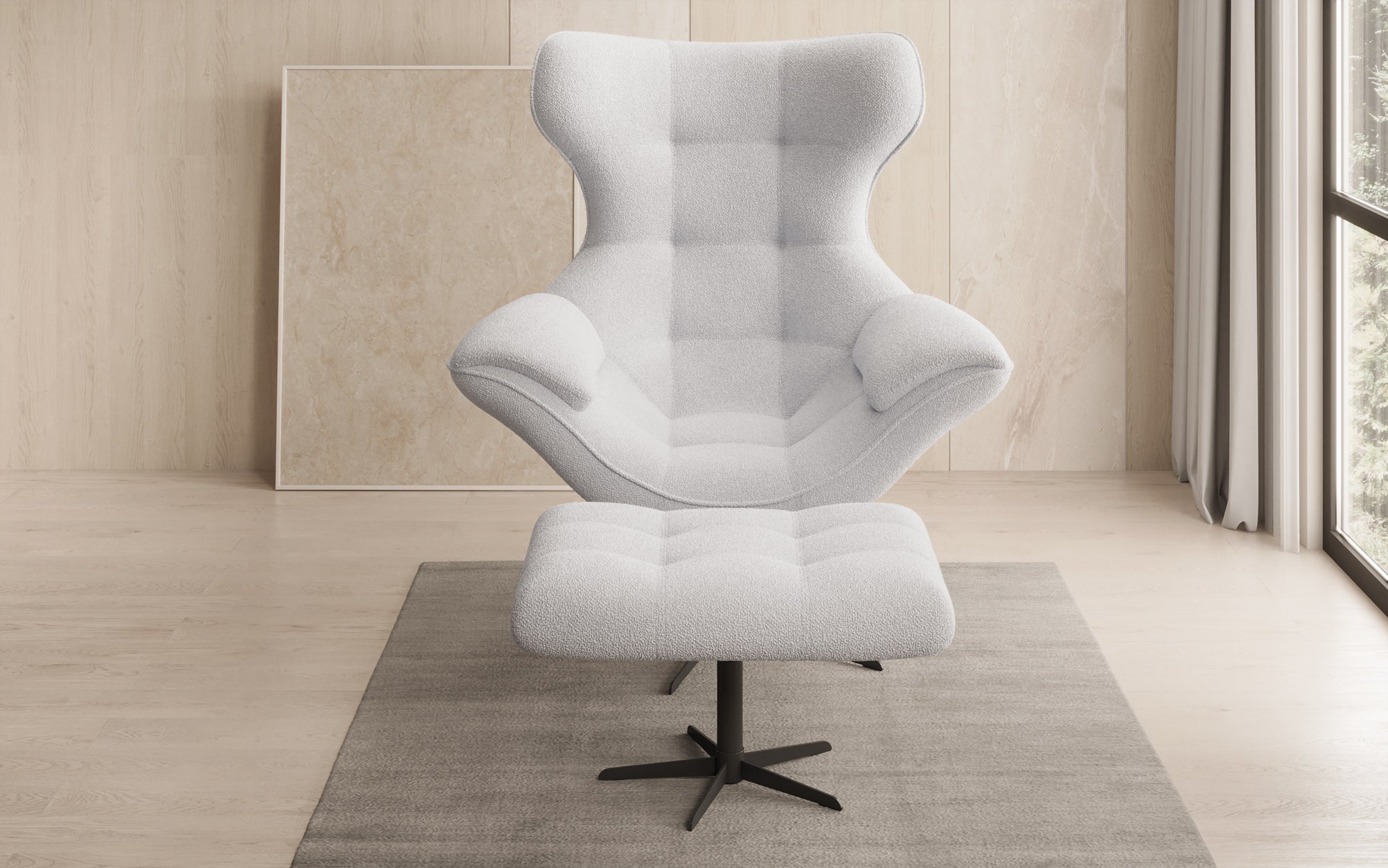 Designer Sofa-Sessel Aurelio inkl. Beistellhocker in Bouclé