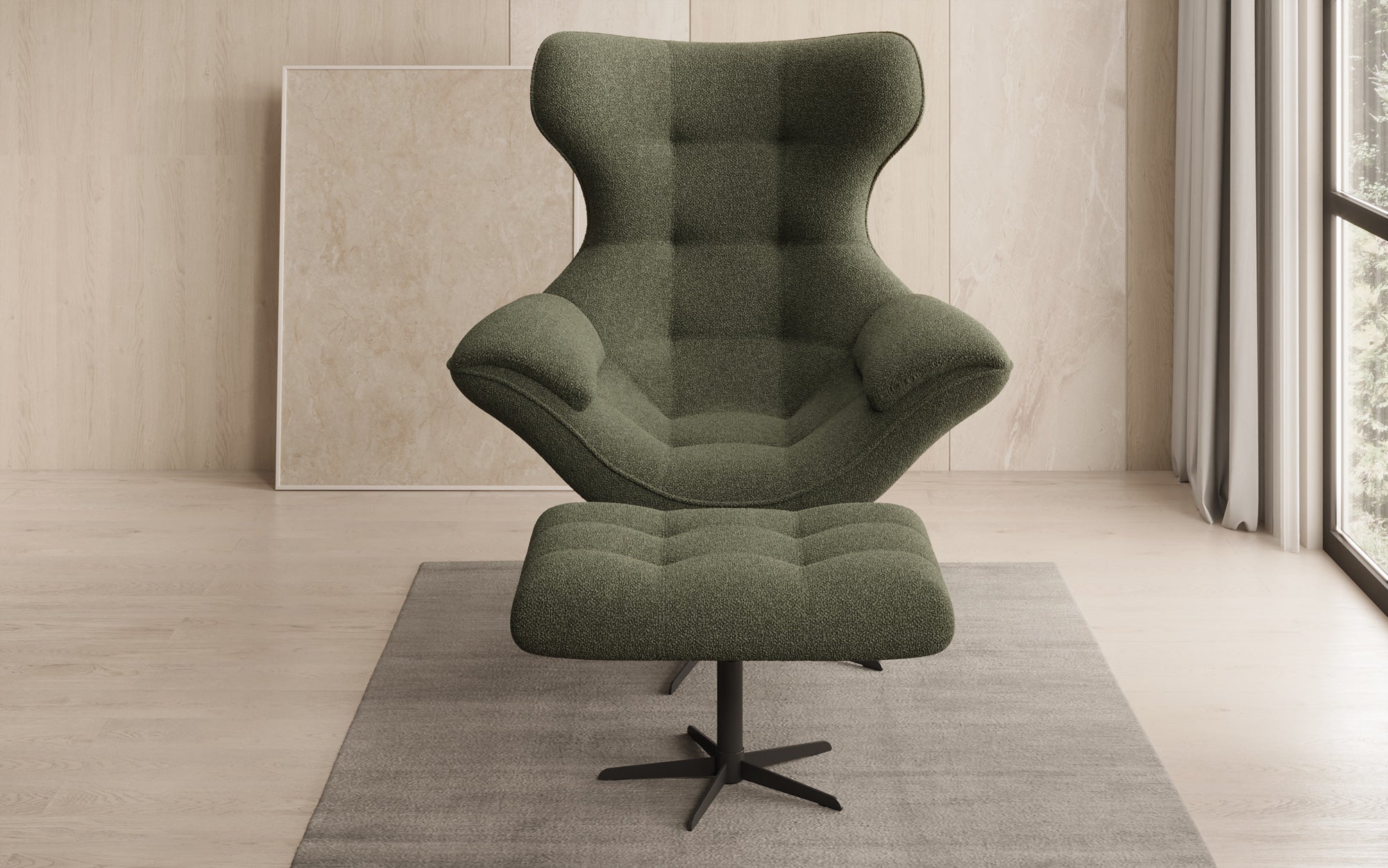 Designer Sofa-Sessel Aurelio inkl. Beistellhocker in Bouclé