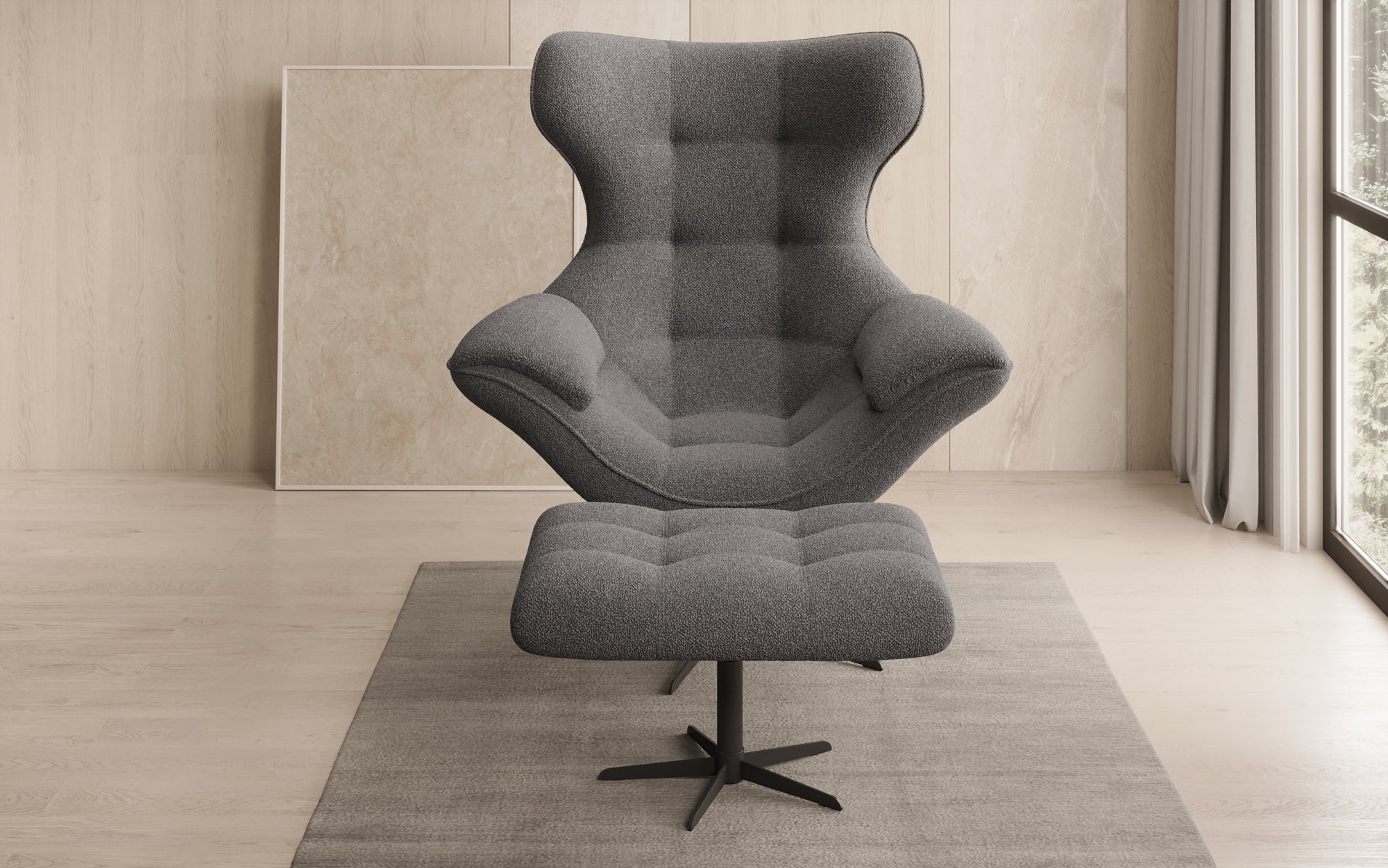 Designer Sofa-Sessel Aurelio inkl. Beistellhocker in Bouclé