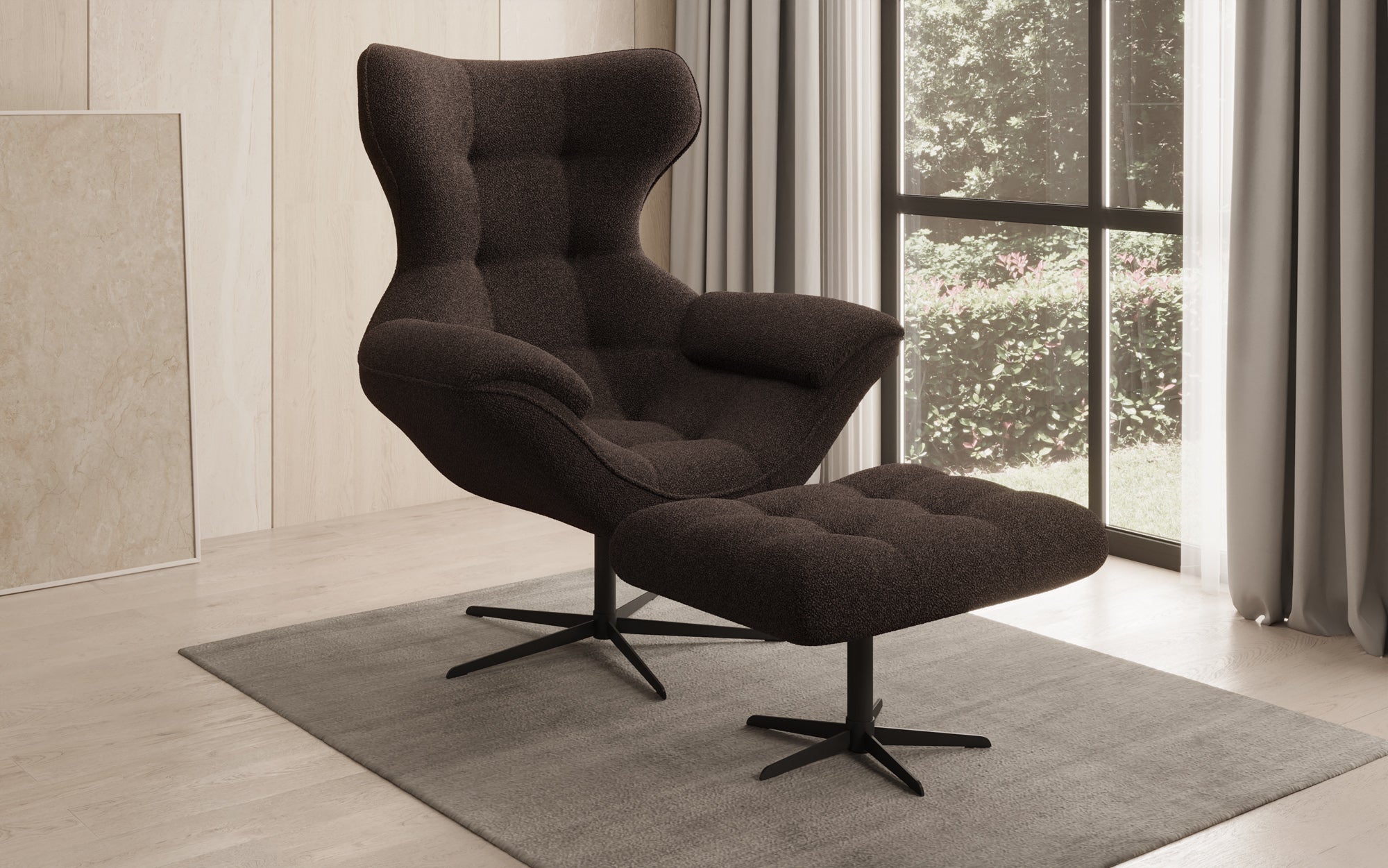 Designer Sofa-Sessel Aurelio inkl. Beistellhocker in Bouclé