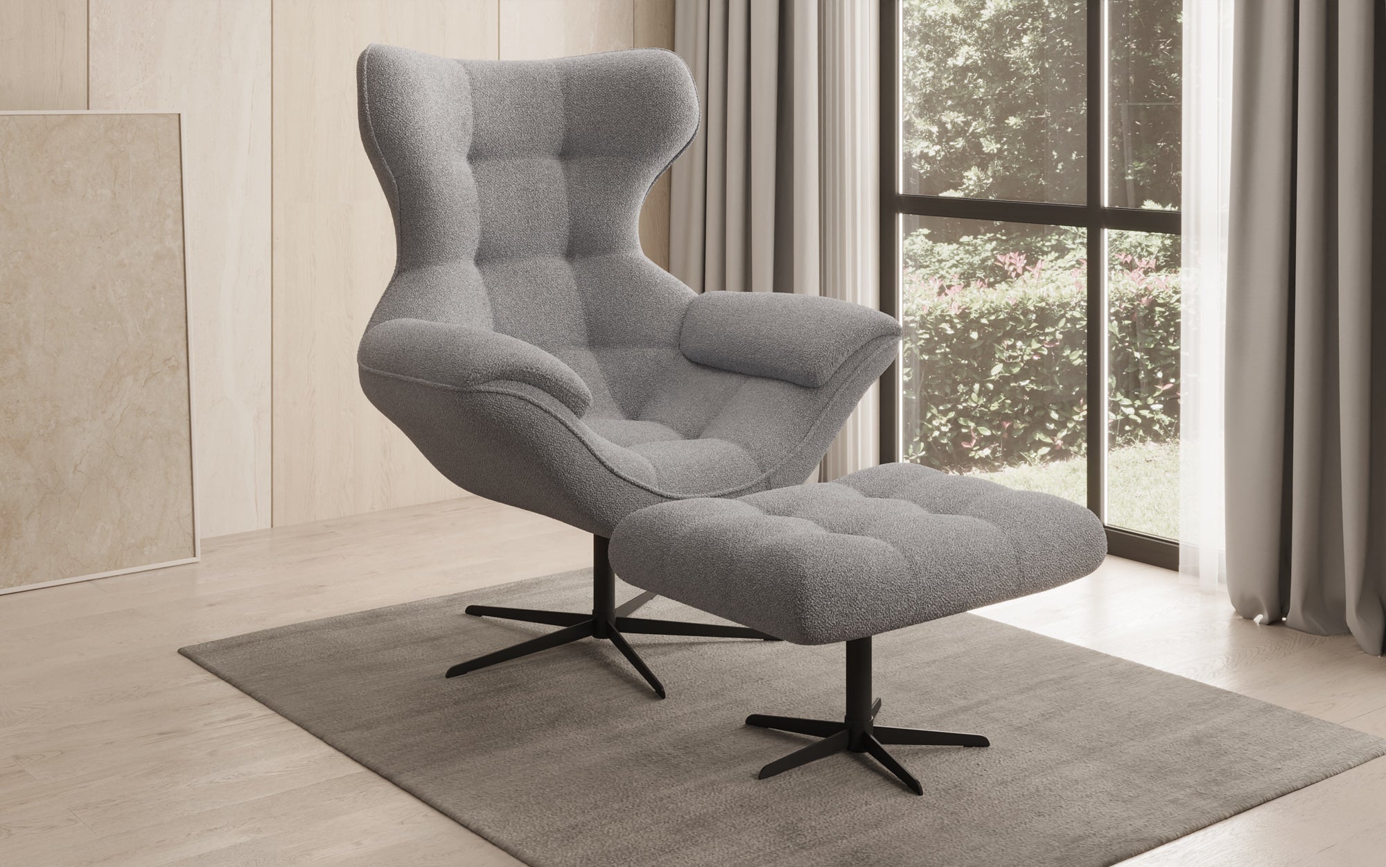 Designer Sofa-Sessel Aurelio inkl. Beistellhocker in Bouclé