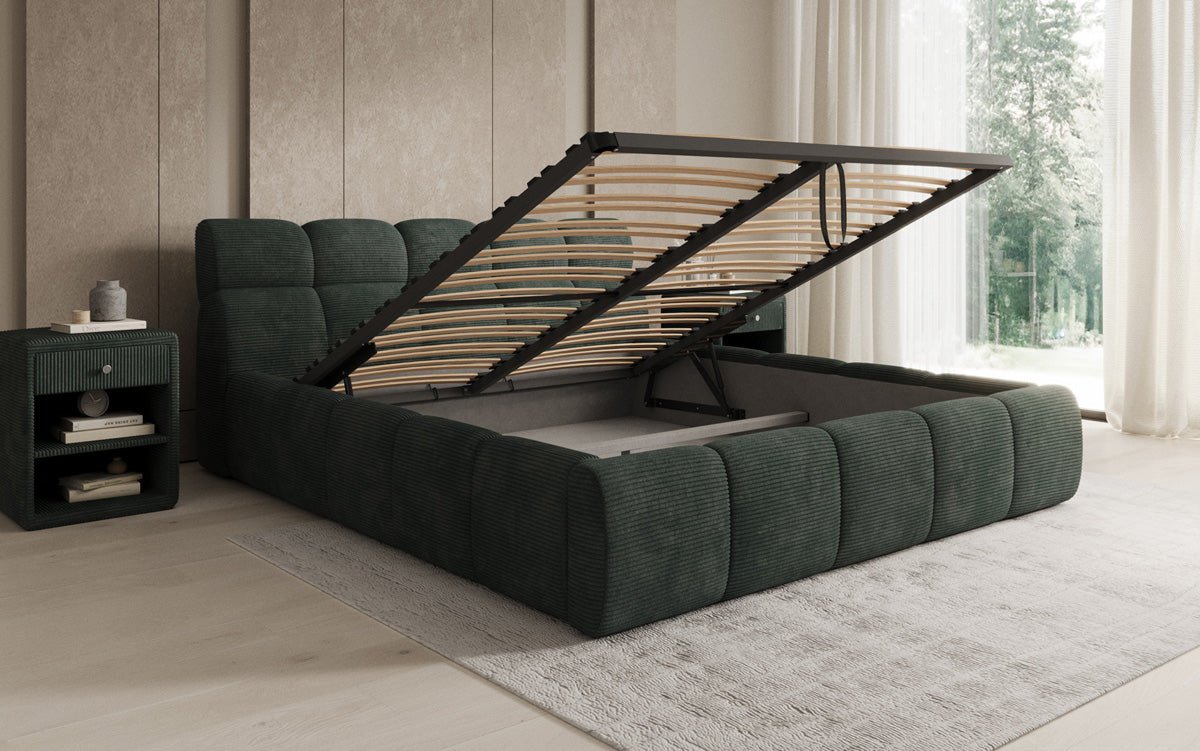 Designer gestoffeerd bed Dallas Ribstof met opbergruimte