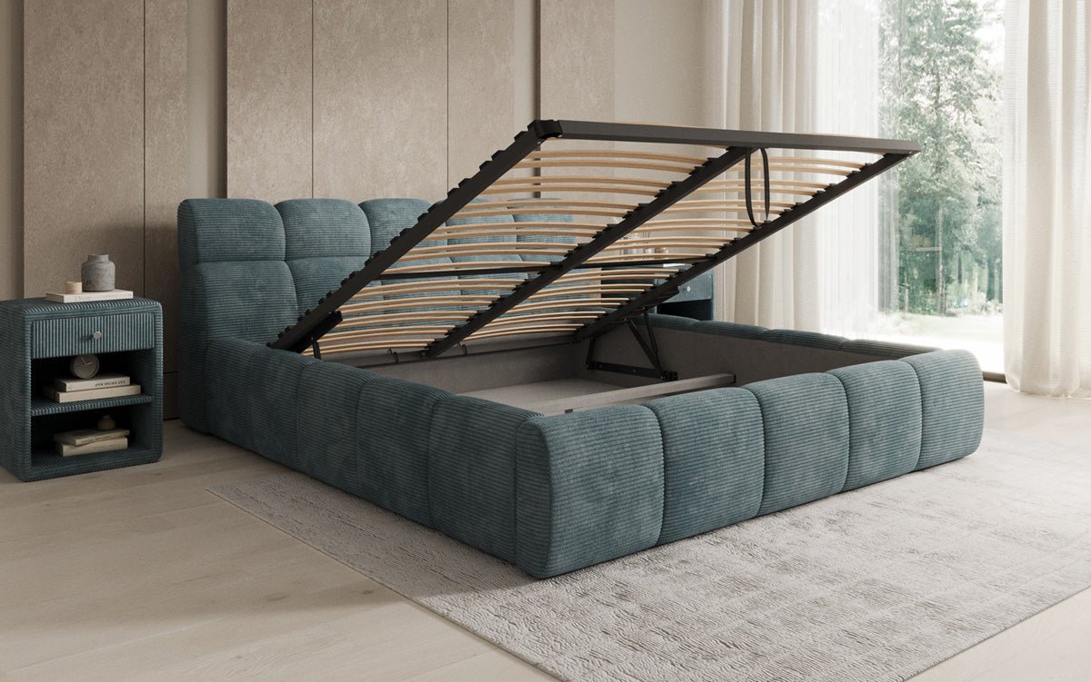 Designer gestoffeerd bed Dallas Ribstof met opbergruimte