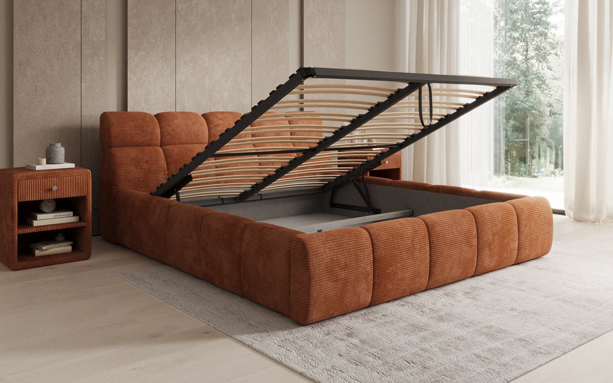 Designer gestoffeerd bed Dallas Ribstof met opbergruimte