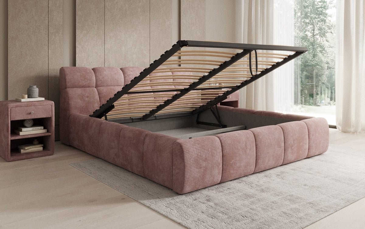 Designer gestoffeerd bed Dallas Ribstof met opbergruimte