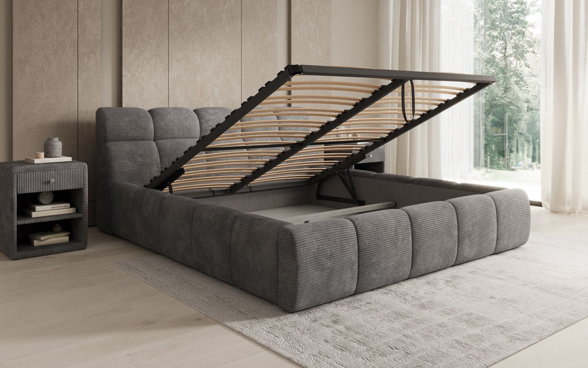 Designer gestoffeerd bed Dallas Ribstof met opbergruimte