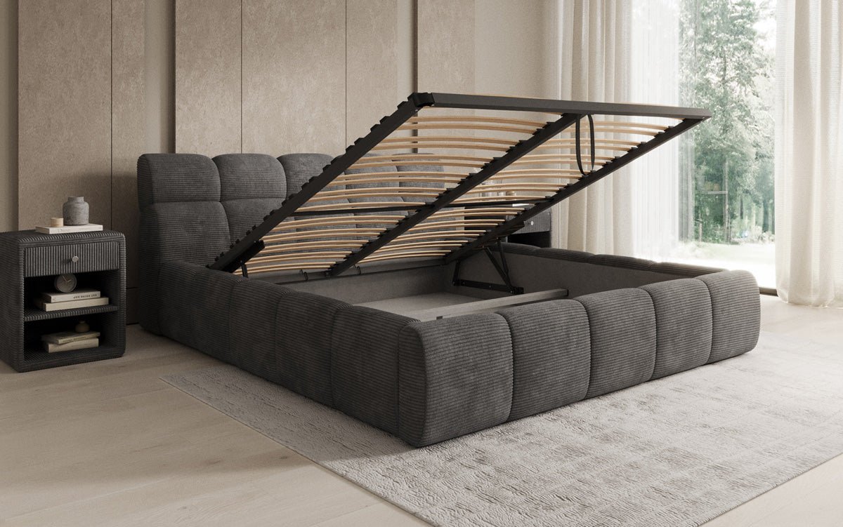 Designer gestoffeerd bed Dallas Ribstof met opbergruimte