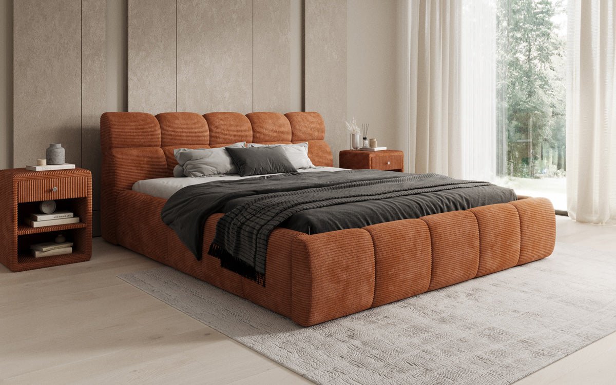 Designer gestoffeerd bed Dallas Ribstof met opbergruimte