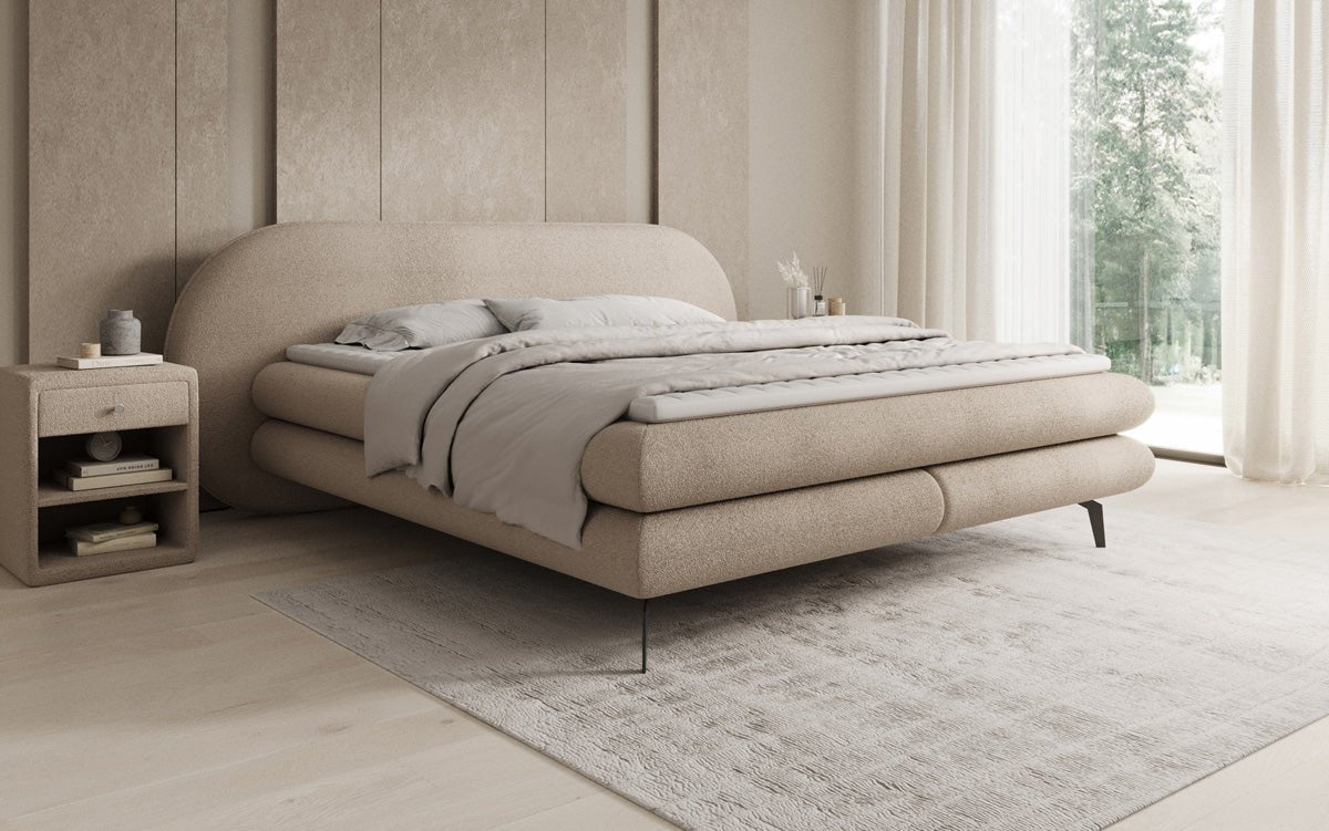 Boxspringbed Marisol met ovale hoofdbord in Bouclé