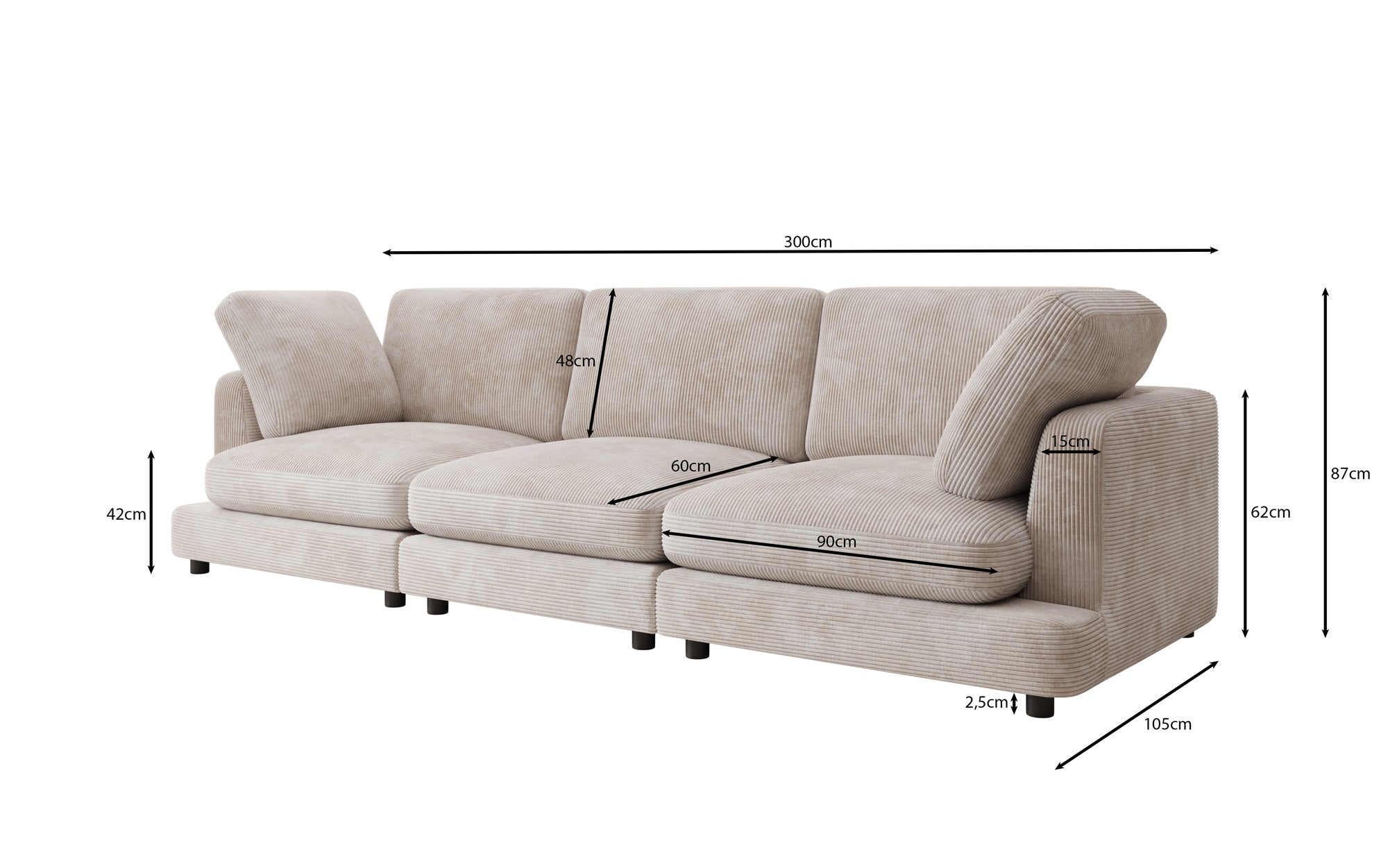 Designer 3-zitsbank Thalessa in Ribstof