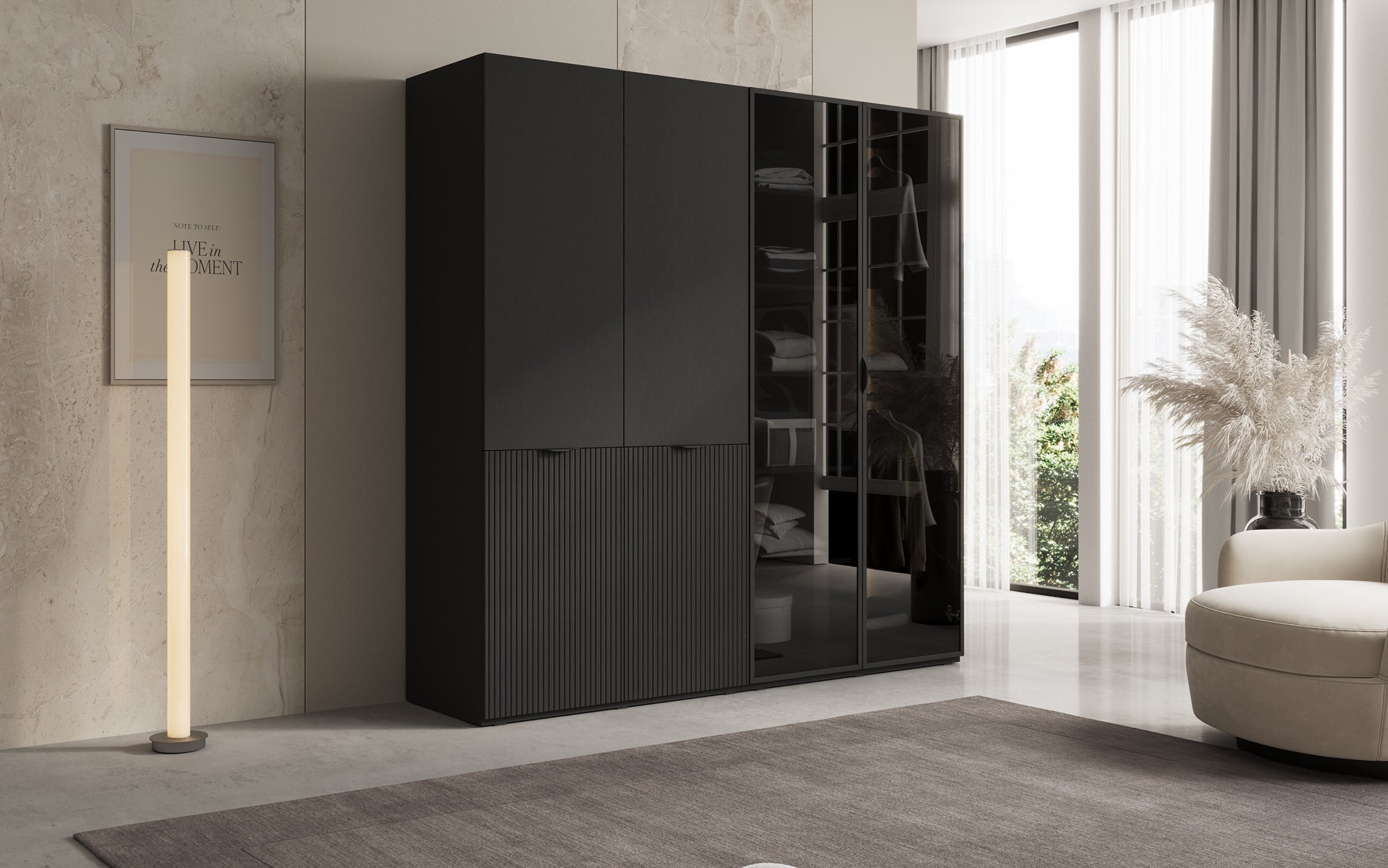 Modulo Nero – Modulaire kledingkast met glas- en structuurfront