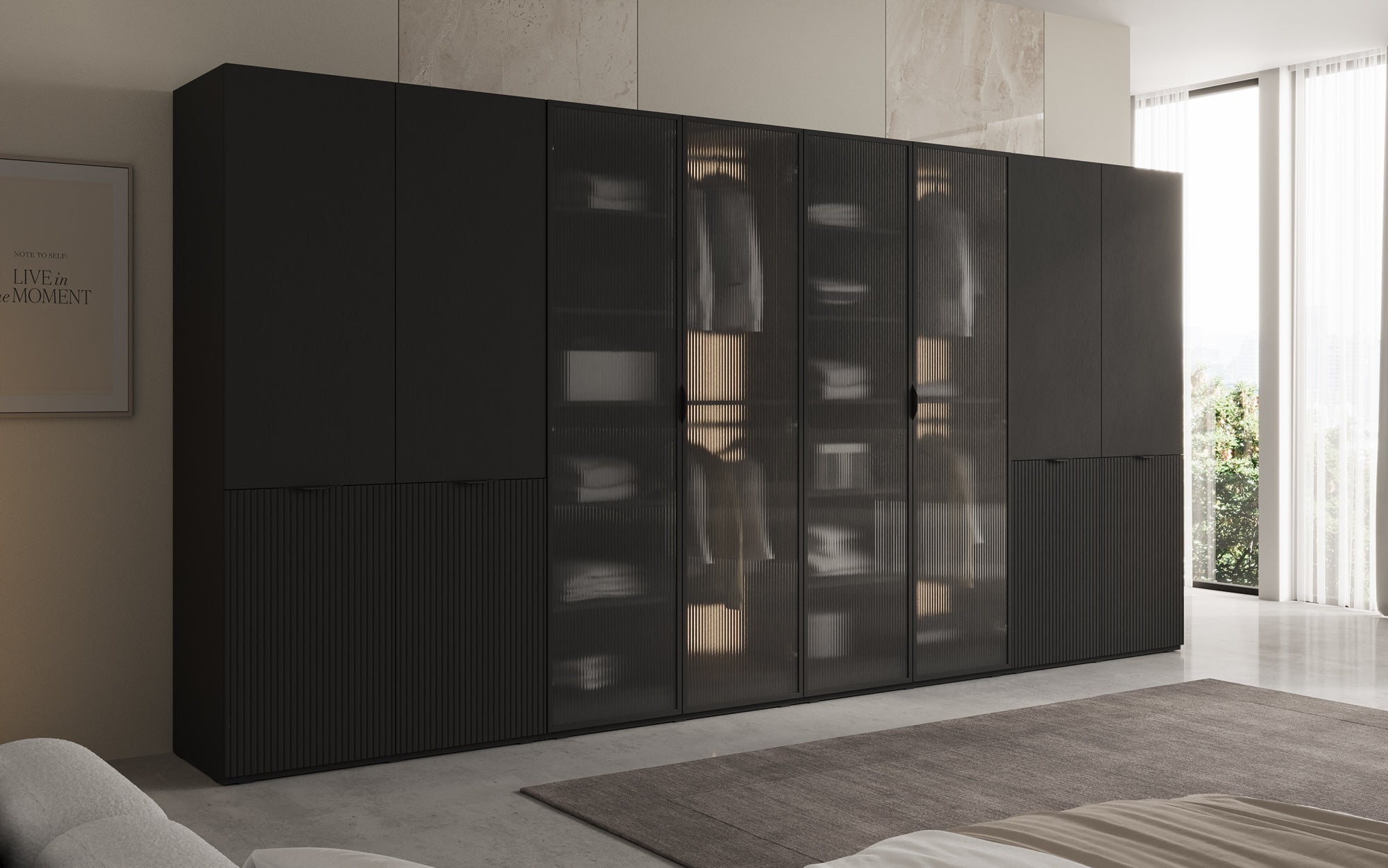 Modulo Rivon – Modulaire design-kledingkast met geribbelde glasfront en structuurpanelen