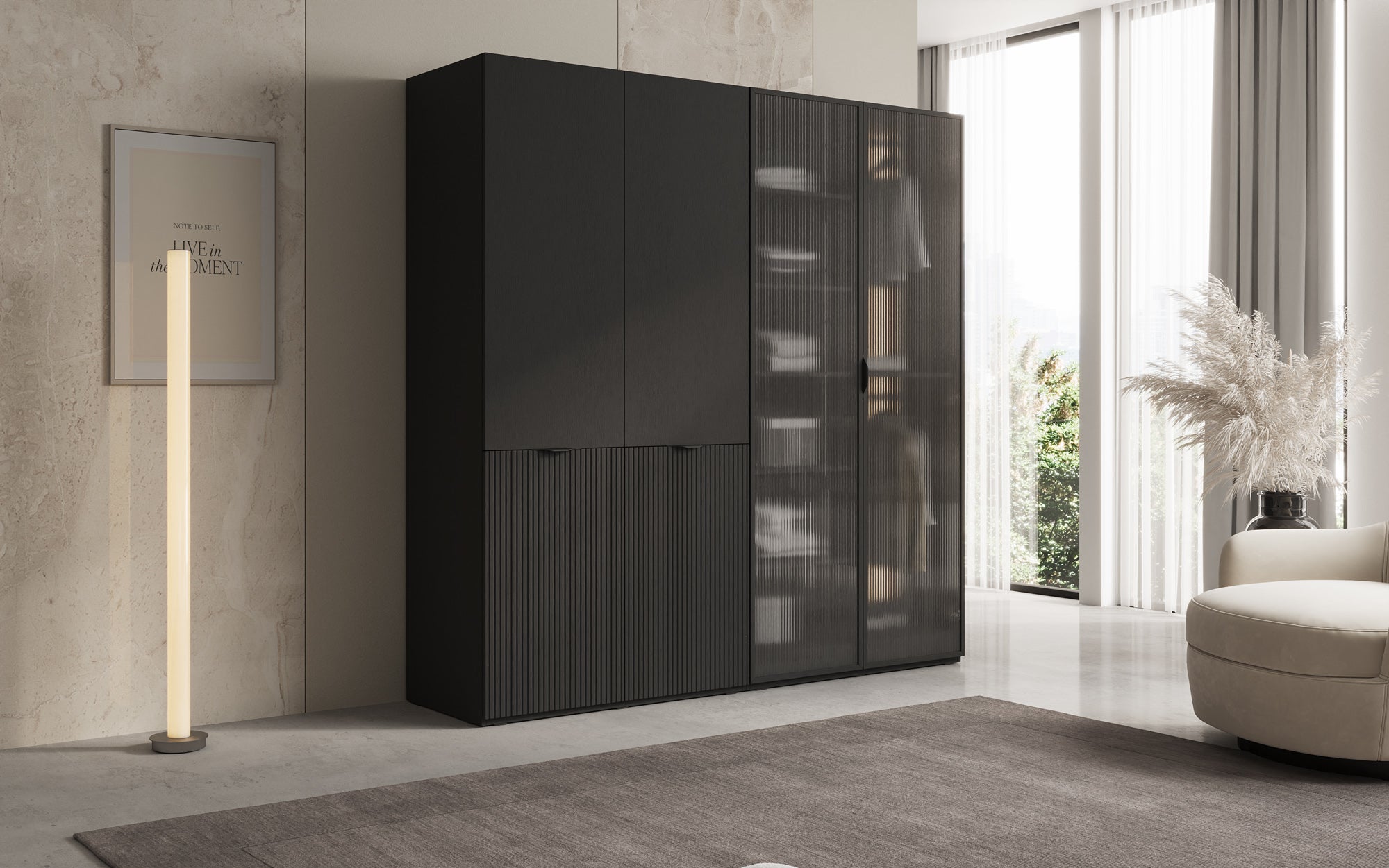Modulo Ravo – Modulaire kledingkast met geribbeld glasfront en structuurpaneel
