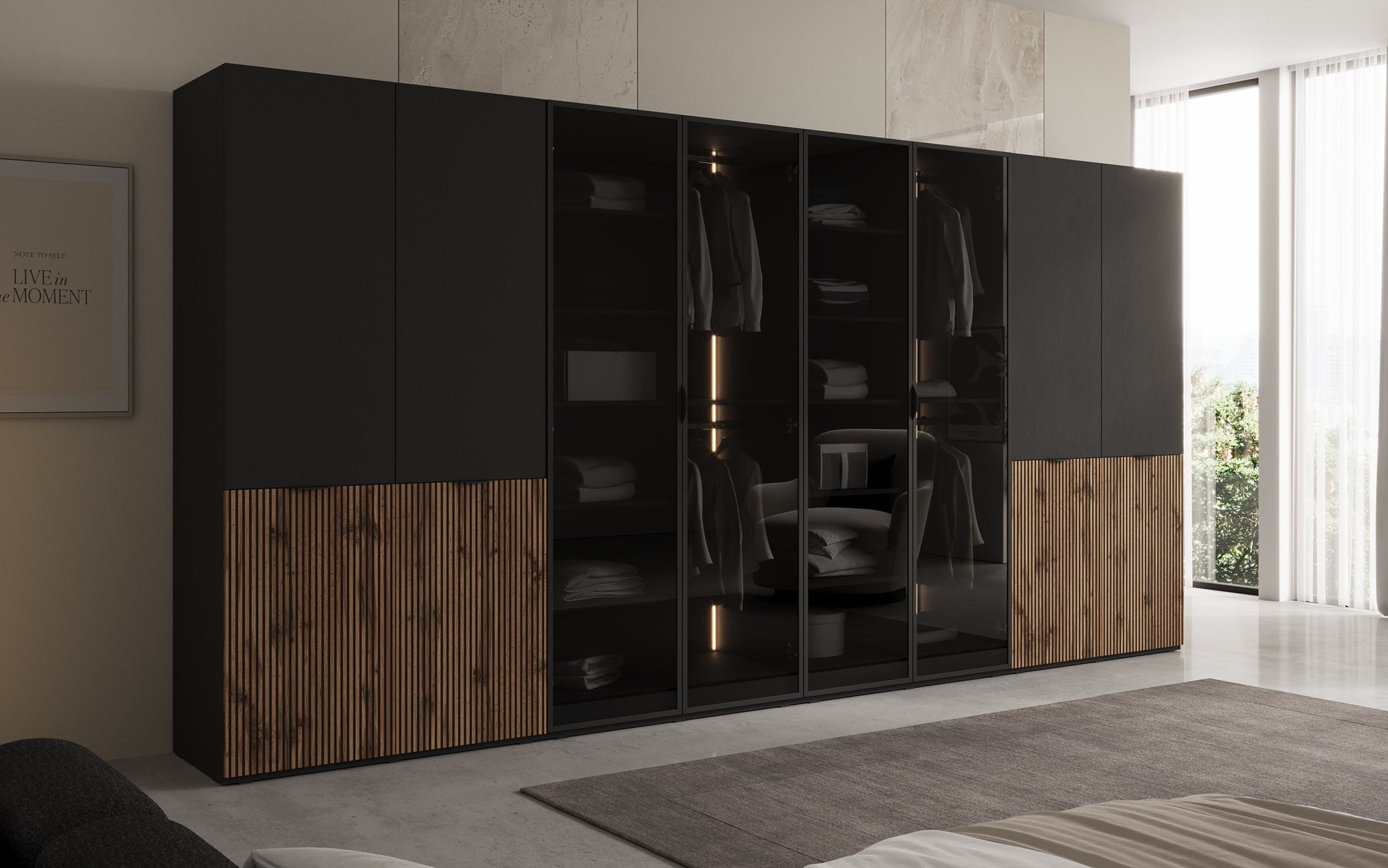Modulo Arven XL – Vierdelige design-kledingkast met hout- en glasfront