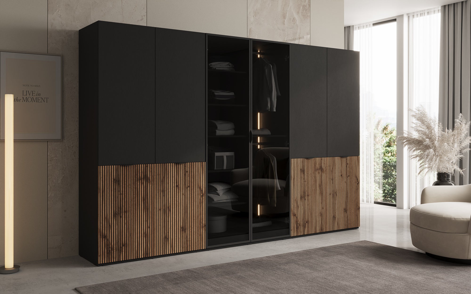 Modulo Arven – Drievoudige design-kledingkast met hout- en glasfront