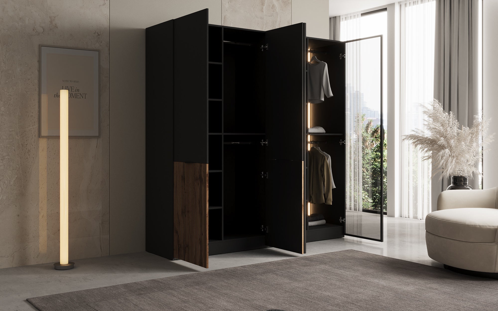 Modulo Varen – Tweedelig design-kledingkast met hout- en glasfront
