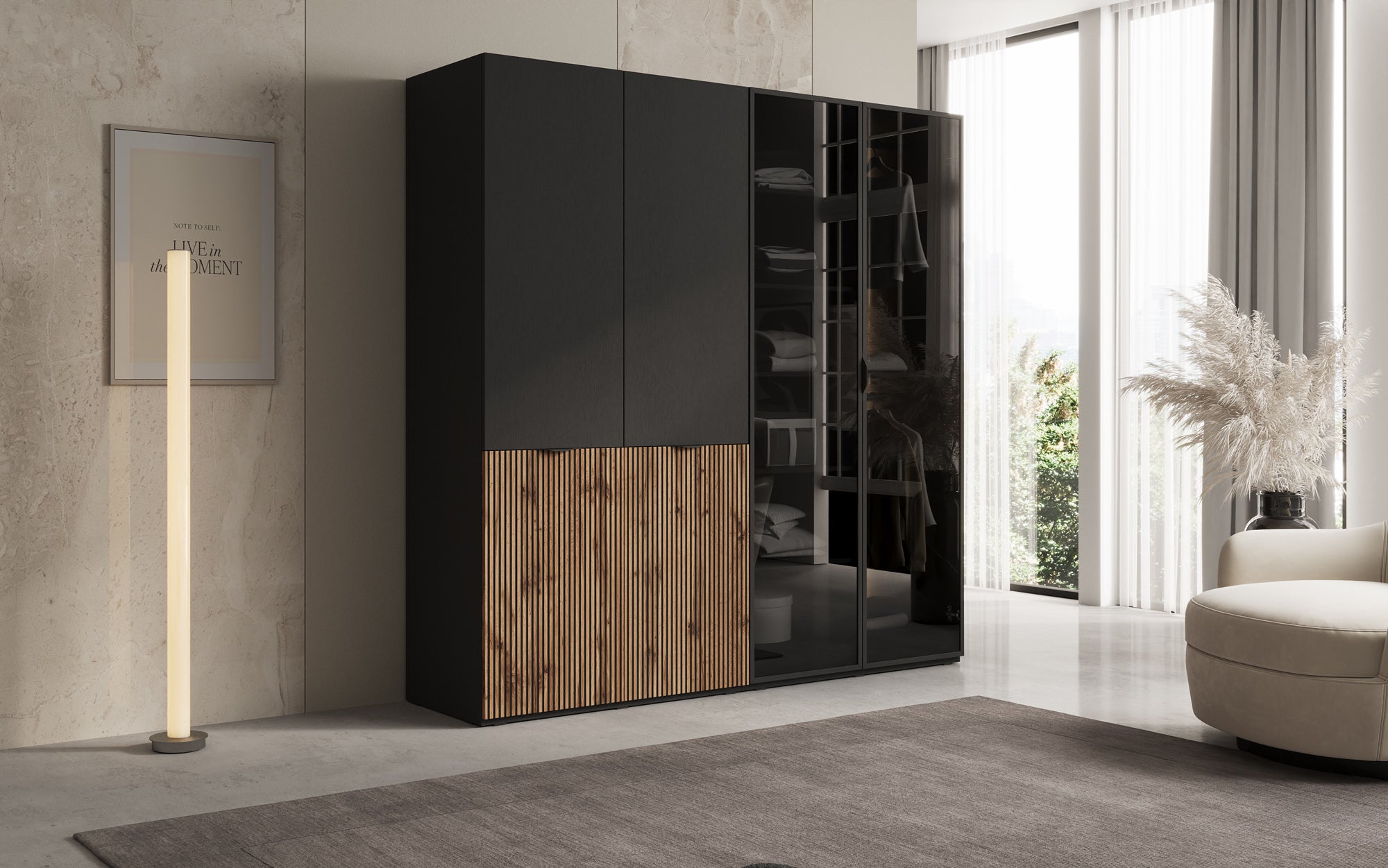 Modulo Varen – Tweedelig design-kledingkast met hout- en glasfront