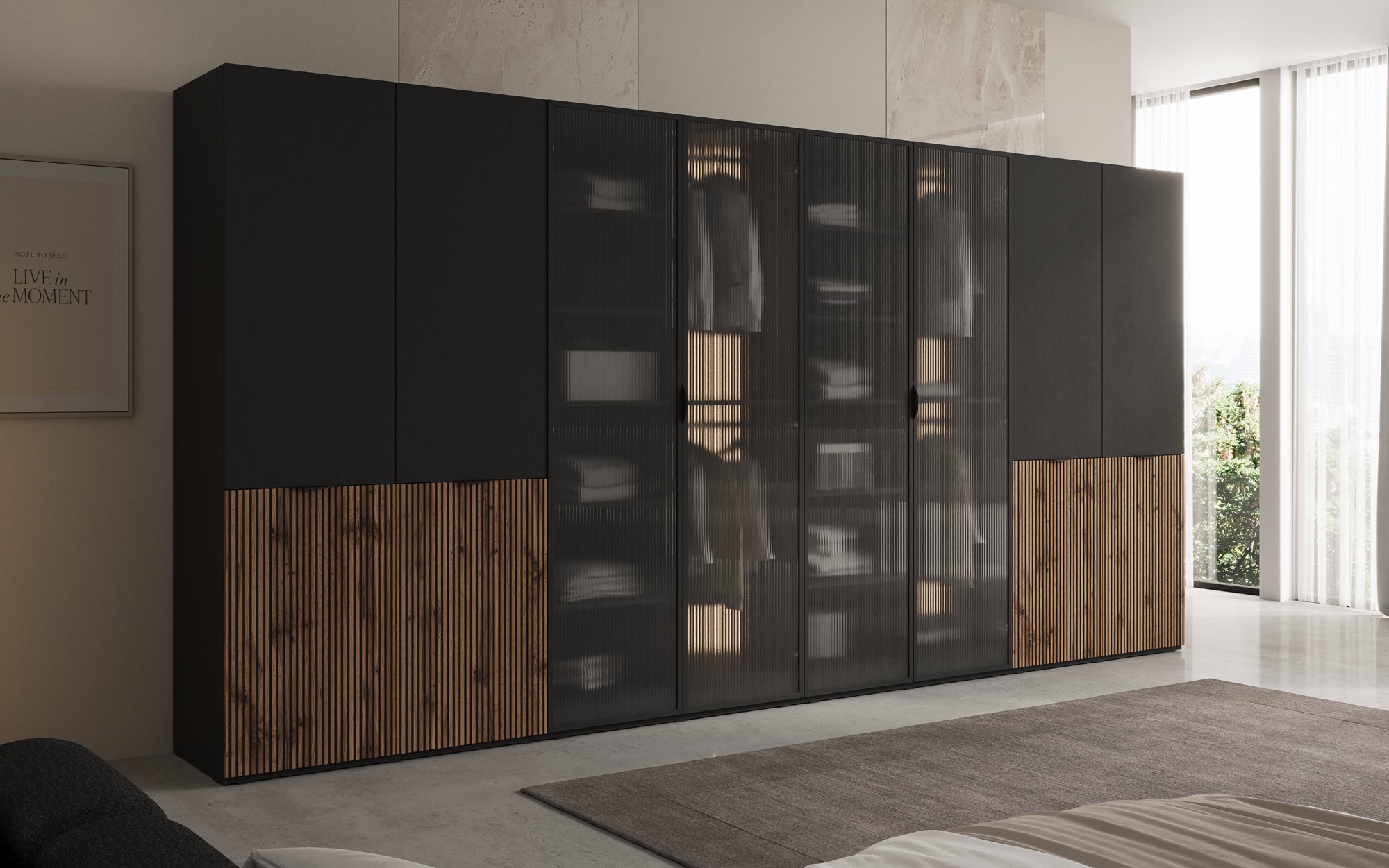 Modulo Kalen – Vierdelige design-kledingkast met hout- en structuurglasfront