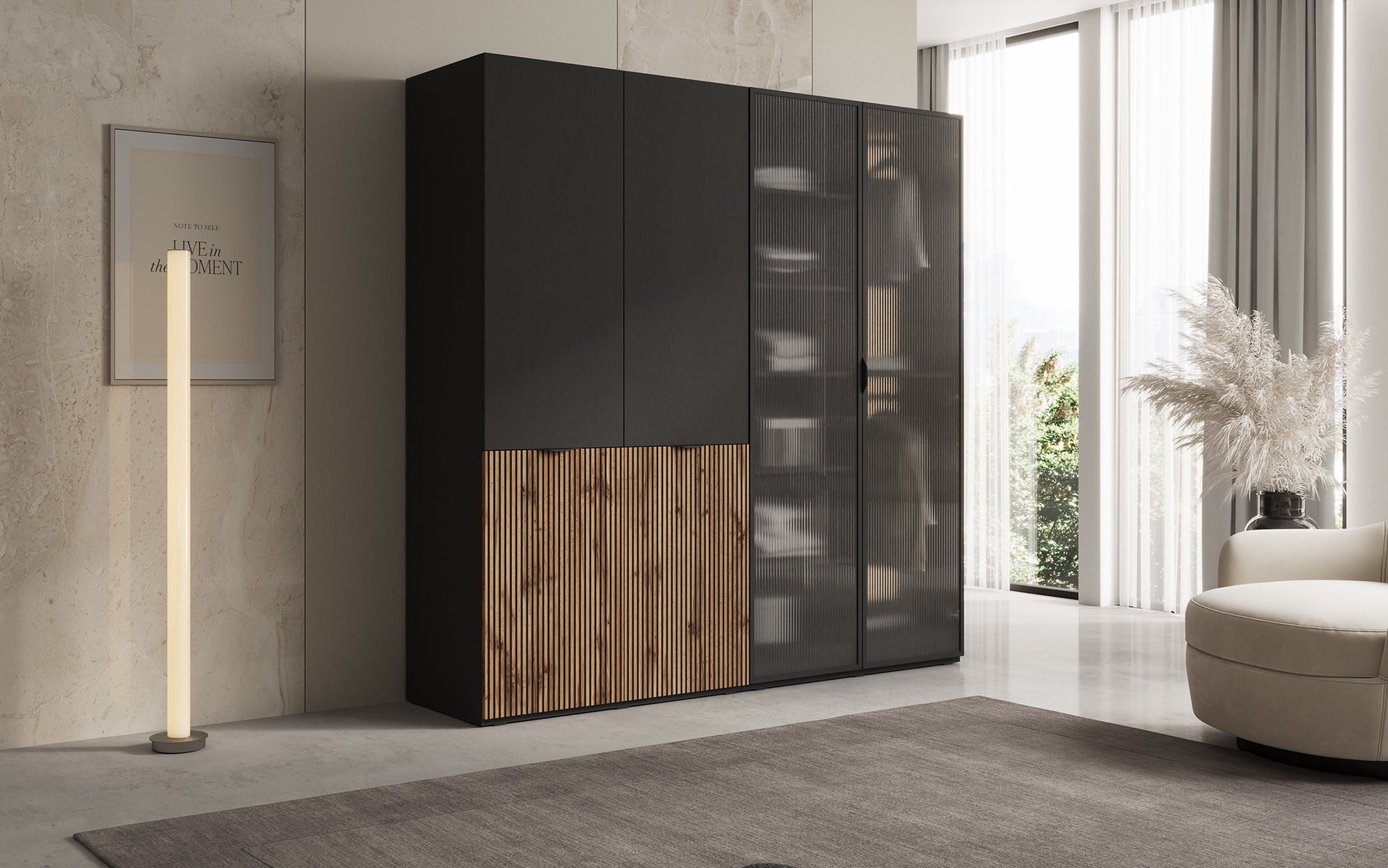 Modulo Ravel – Tweedelig design-kledingkast met hout- en structuurglasfront