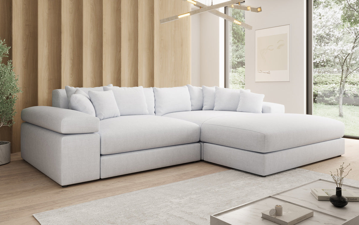 Designer Ecksofa Bernardo mit breiter Ottomane in Leinen-Optik