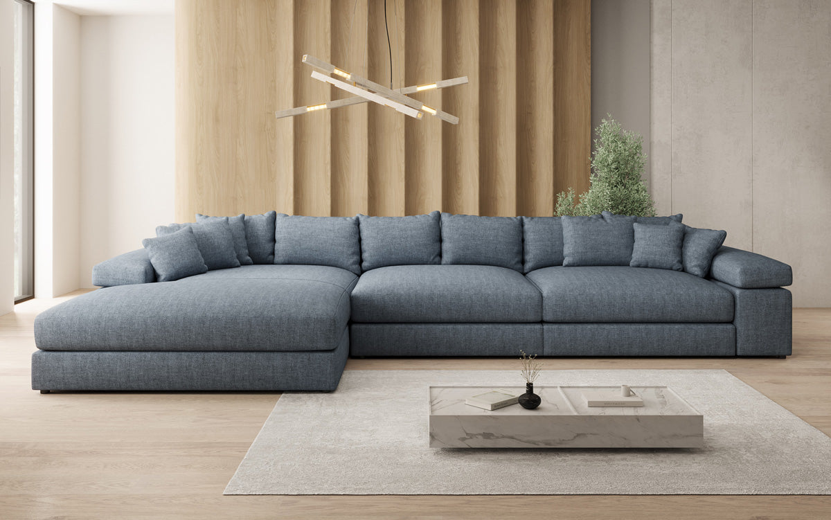 Designer Ecksofa Bernardo Maxi mit breiter Ottomane in Leinen-Optik