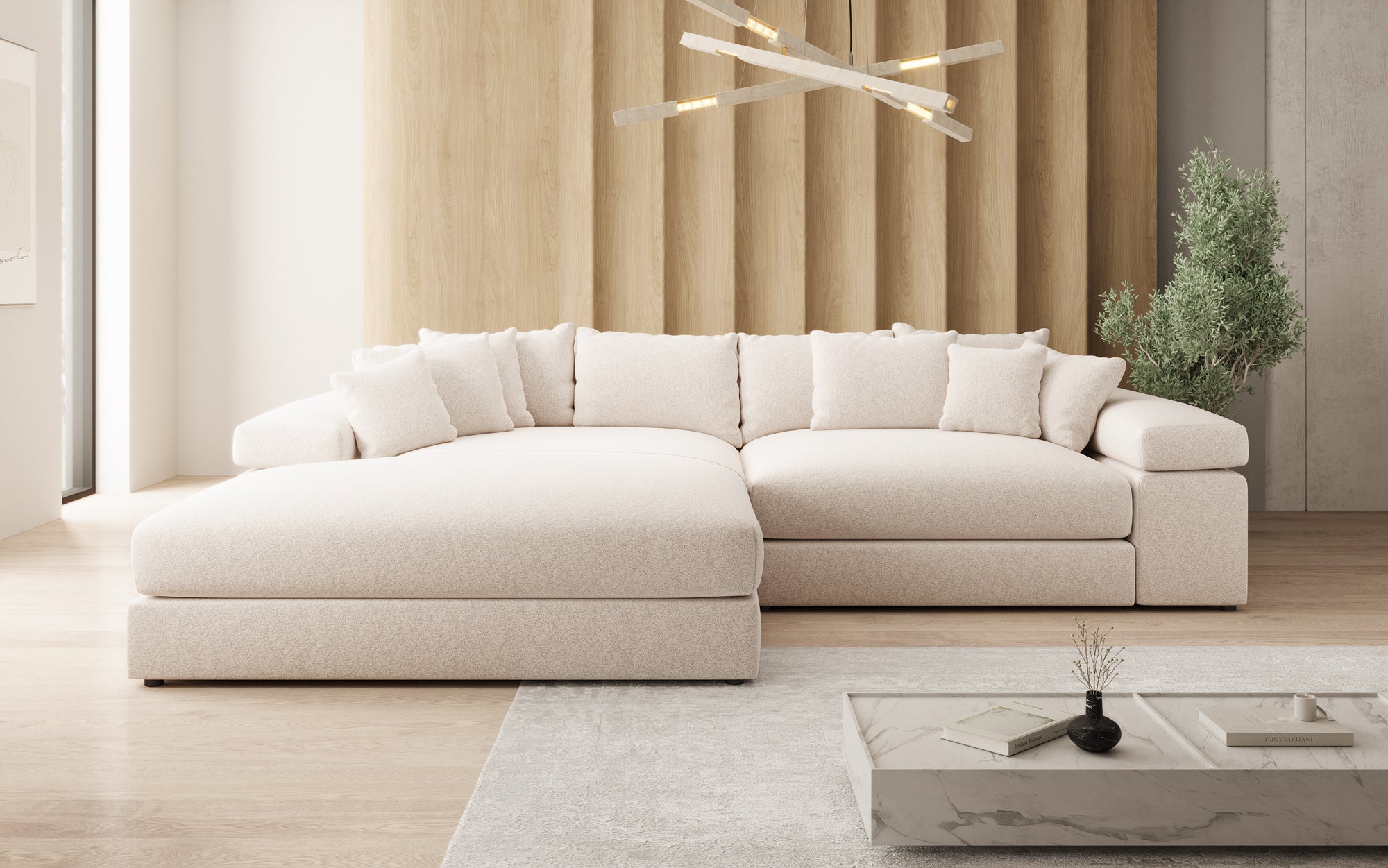 Designbank Bernardo met brede ottomane in structuurstof