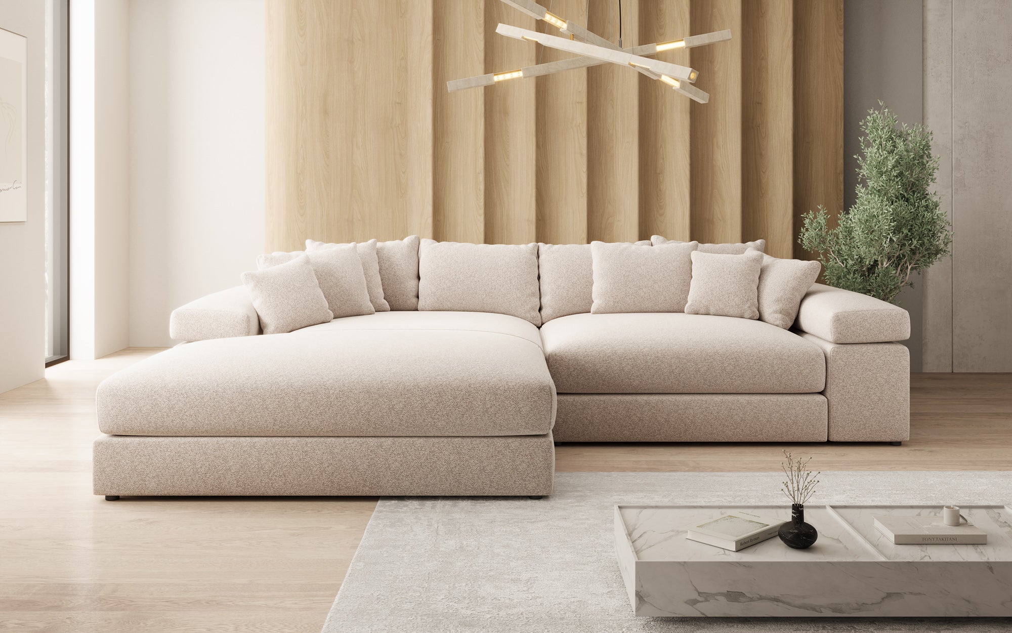 Designbank Bernardo met brede ottomane in structuurstof