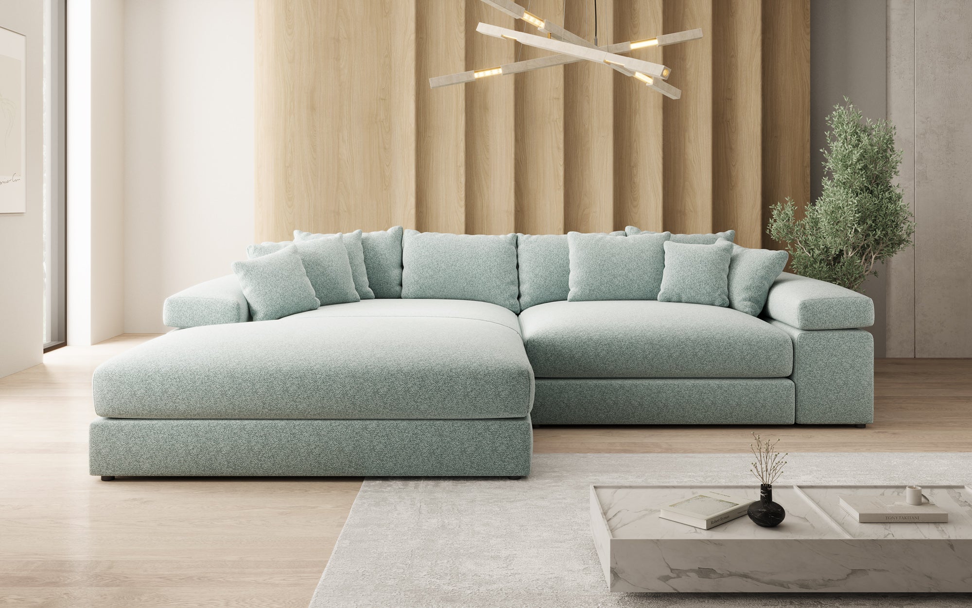 Designbank Bernardo met brede ottomane in structuurstof