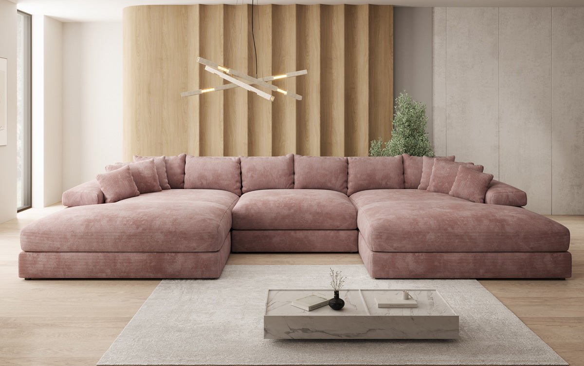 Designersofa Bernardo U met brede ottomane in ribstof