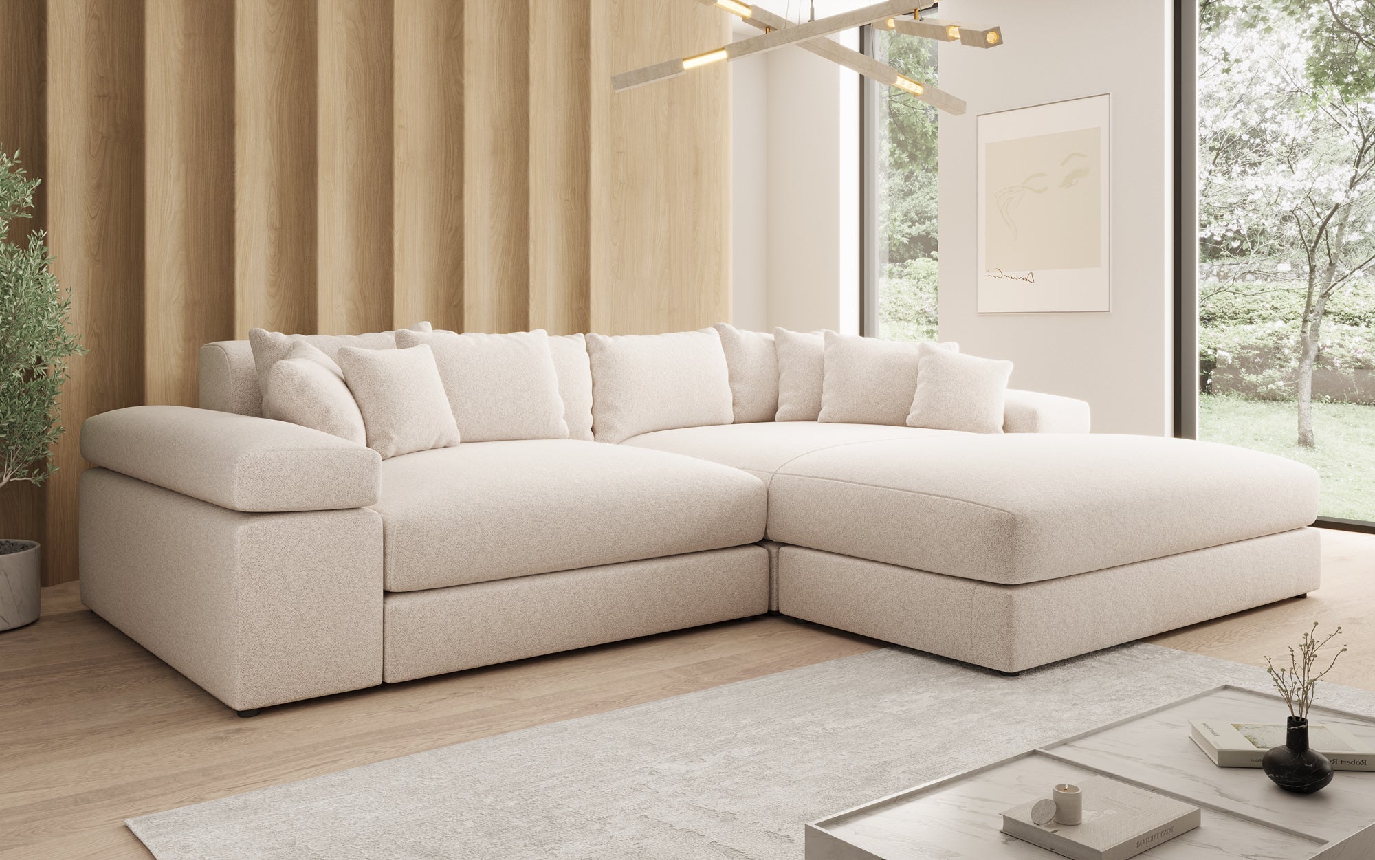 Designbank Bernardo met brede ottomane in structuurstof