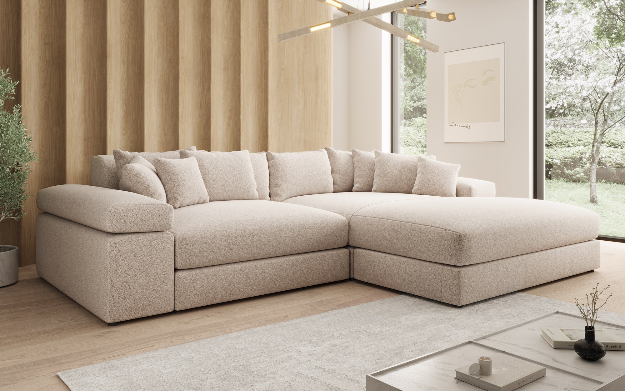 Designbank Bernardo met brede ottomane in structuurstof