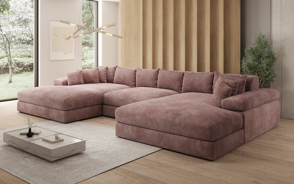 Designersofa Bernardo U met brede ottomane in ribstof