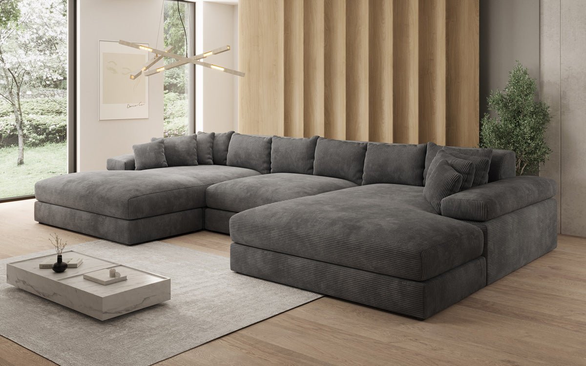 Designersofa Bernardo U met brede ottomane in ribstof