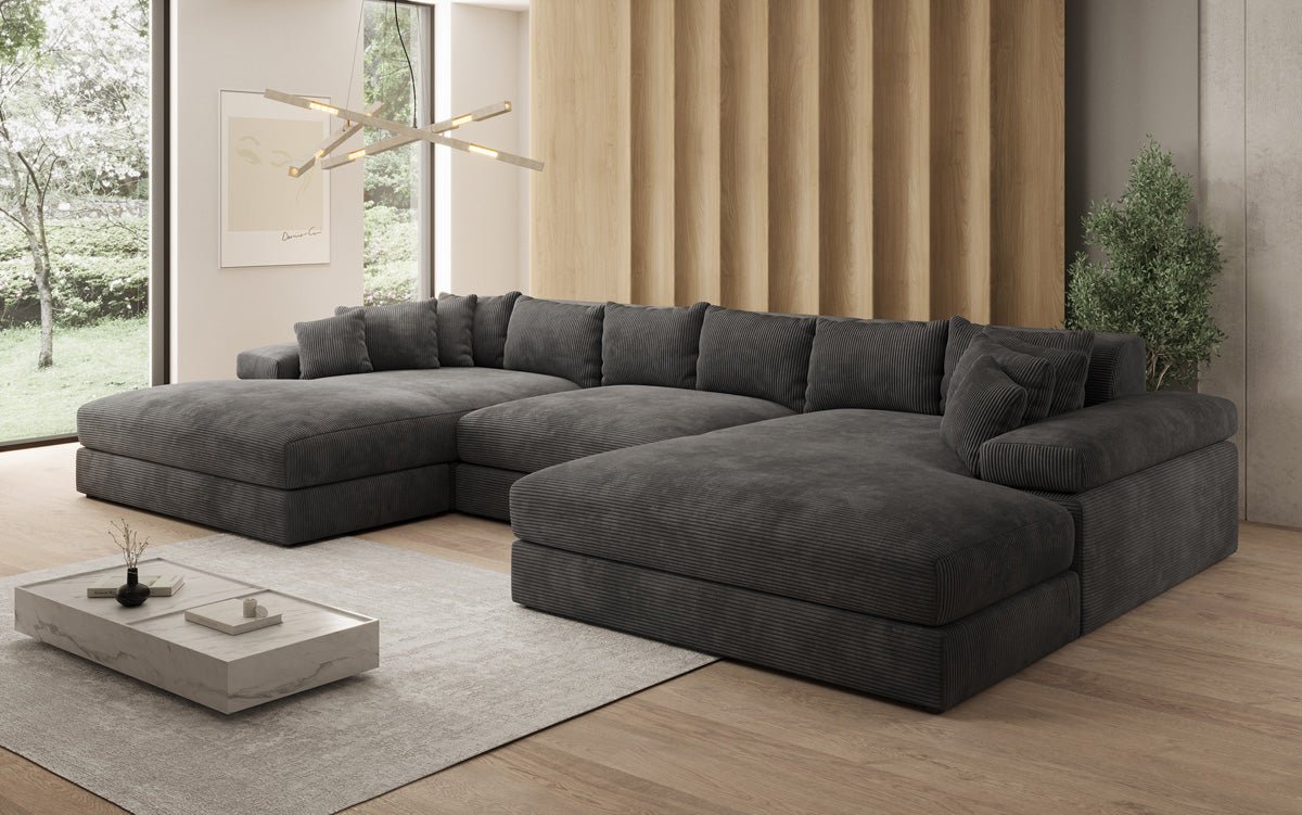 Designersofa Bernardo U met brede ottomane in ribstof