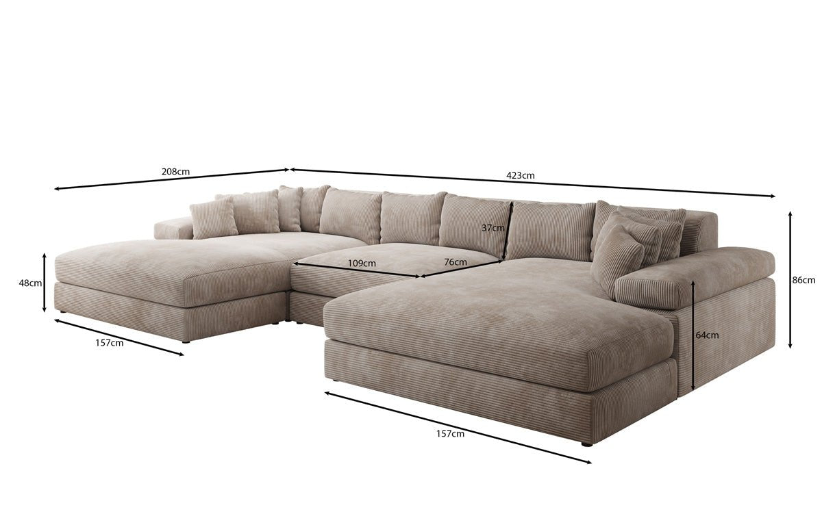 Designersofa Bernardo U met brede ottomane in ribstof