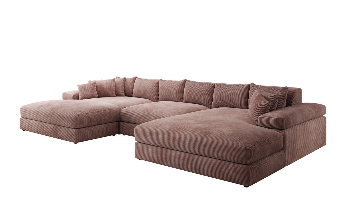 Designersofa Bernardo U met brede ottomane in ribstof