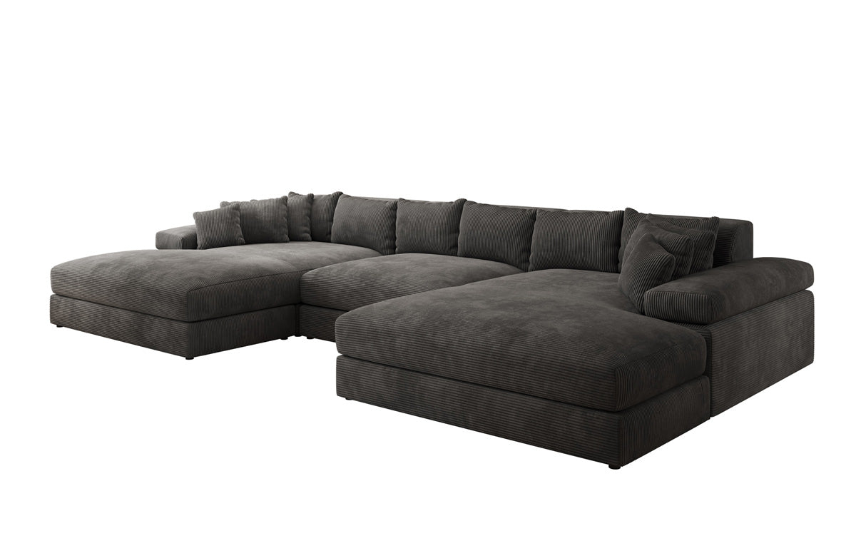Designersofa Bernardo U met brede ottomane in ribstof