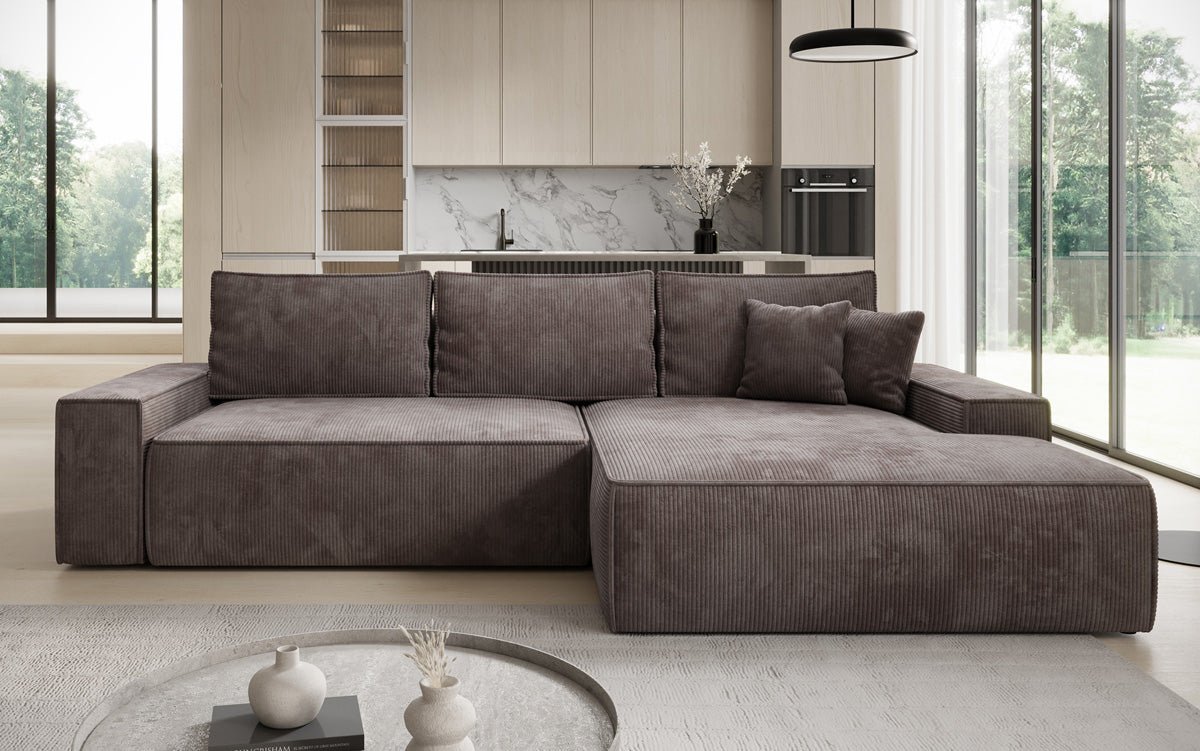 Designer Sofa Verona mit breiter Ottomane mit Schlaf- und Klappfunktion in Cord