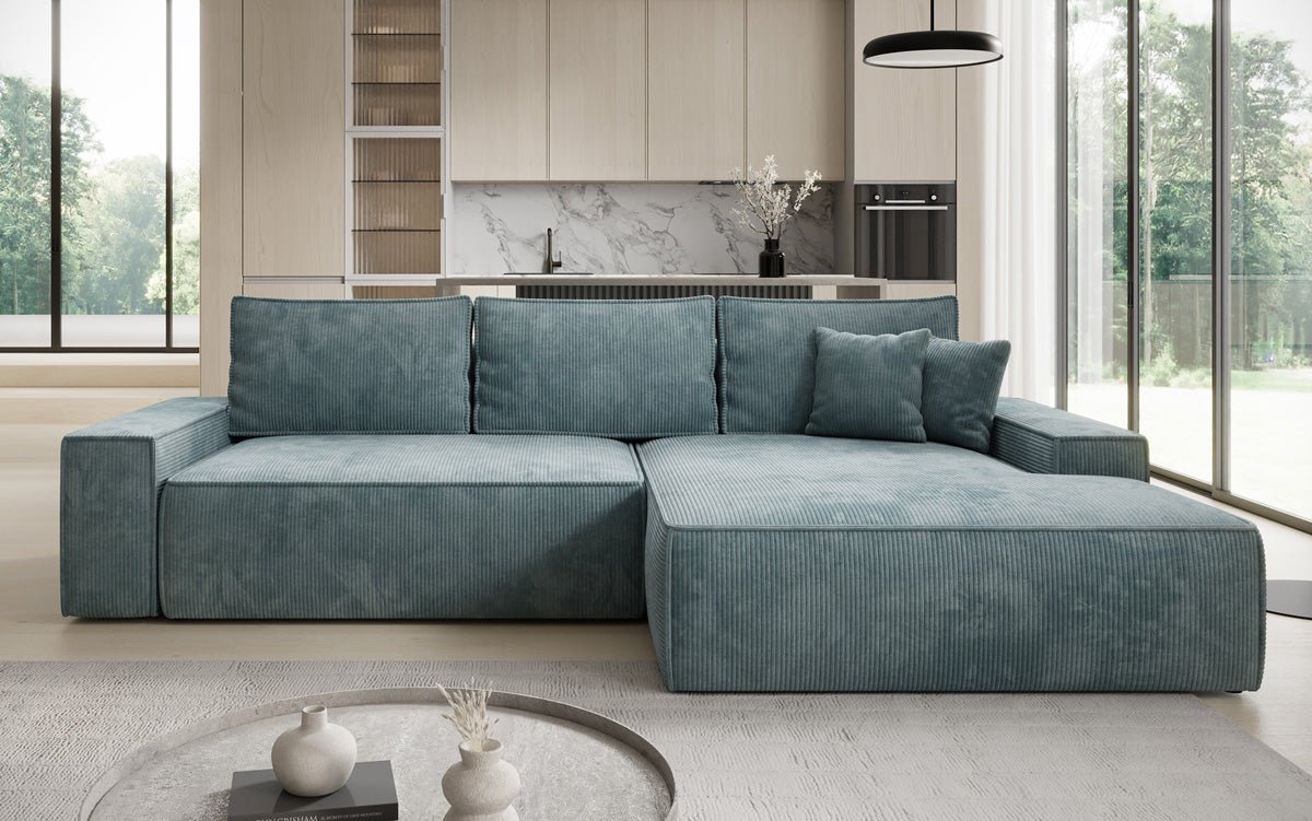 Designer Sofa Verona mit breiter Ottomane mit Schlaf- und Klappfunktion in Cord