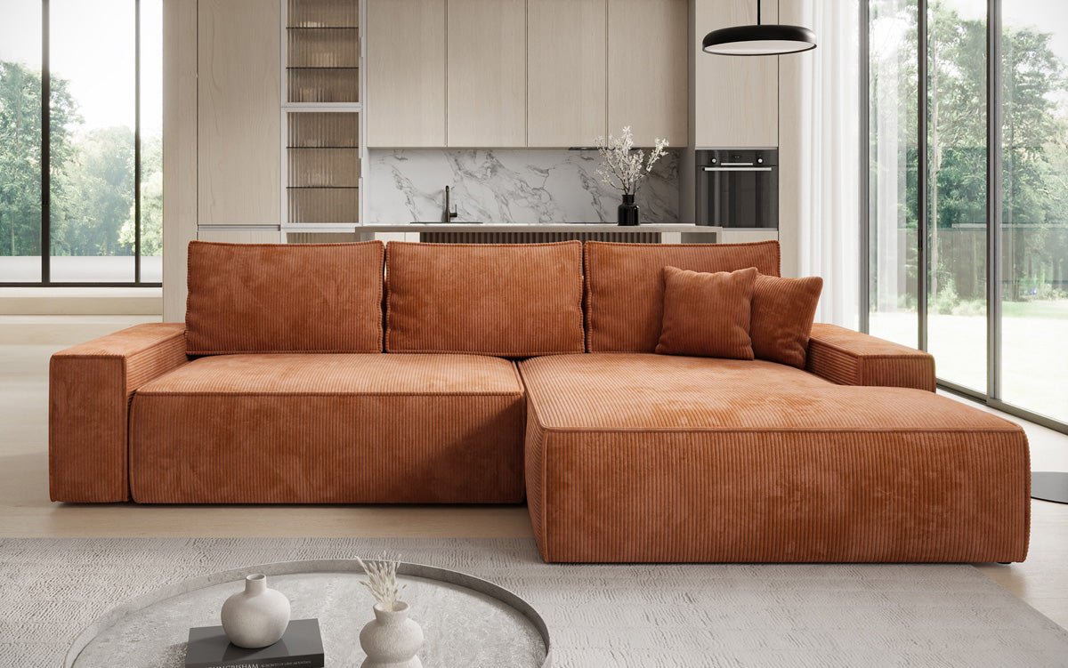 Designer Sofa Verona mit breiter Ottomane mit Schlaf- und Klappfunktion in Cord