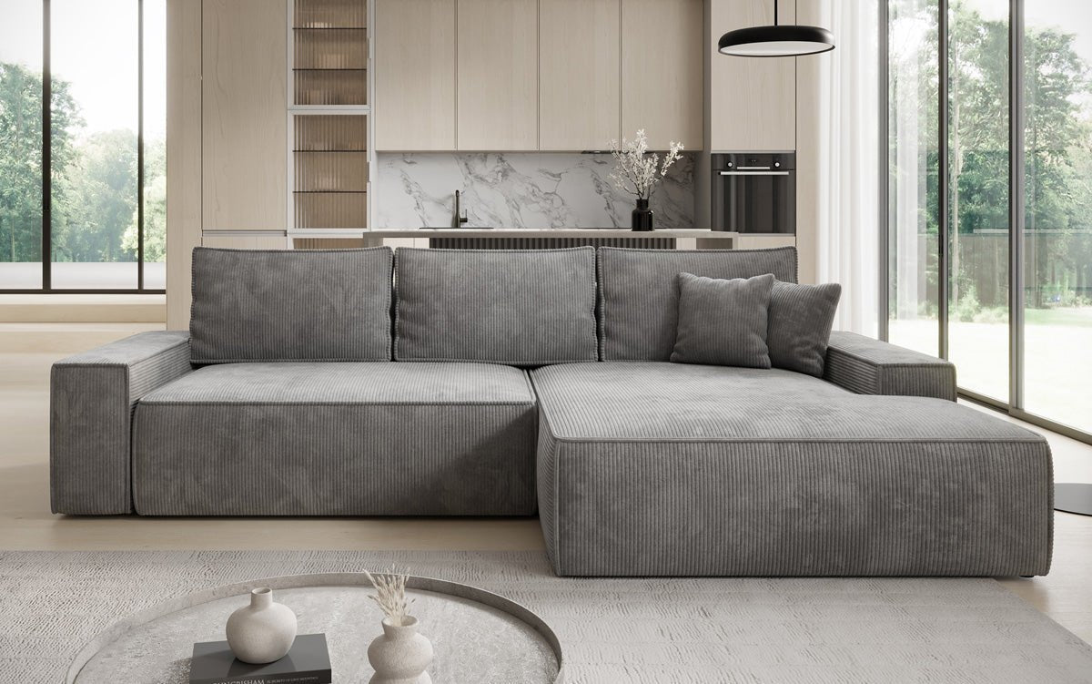 Designer Sofa Verona mit breiter Ottomane mit Schlaf- und Klappfunktion in Cord