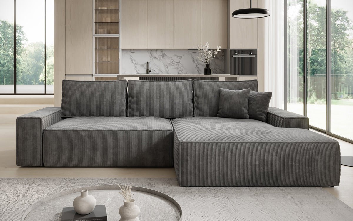 Designer Sofa Verona mit breiter Ottomane mit Schlaf- und Klappfunktion in Cord