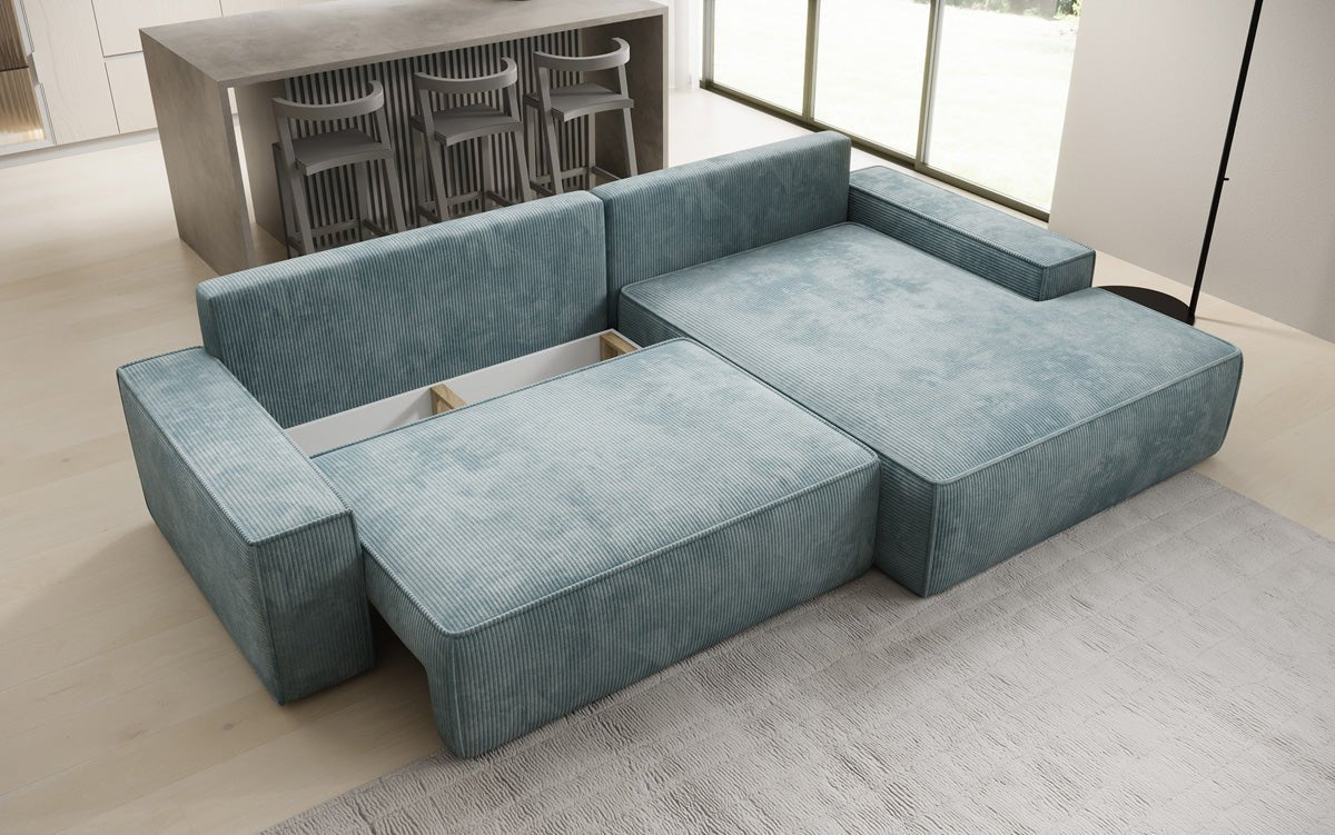 Designer Sofa Verona mit breiter Ottomane mit Schlaf- und Klappfunktion in Cord