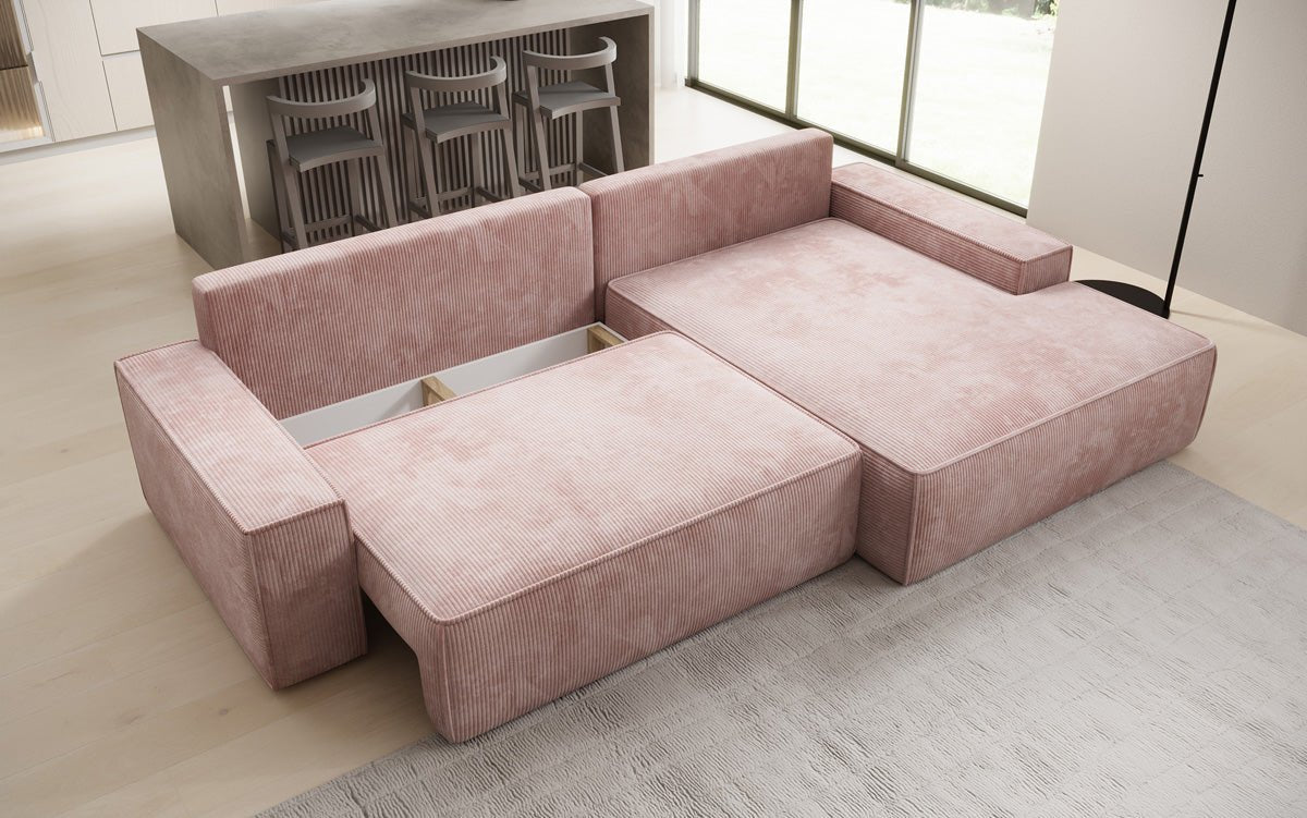 Designer Sofa Verona mit breiter Ottomane mit Schlaf- und Klappfunktion in Cord