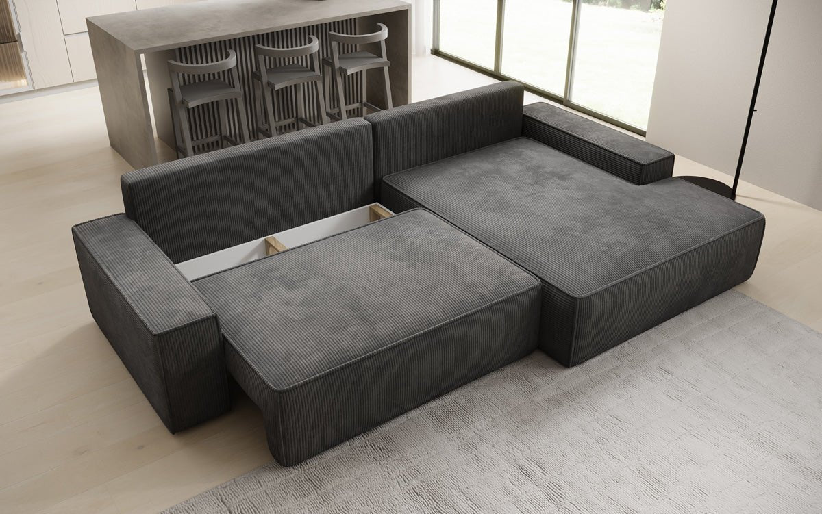 Designer Sofa Verona mit breiter Ottomane mit Schlaf- und Klappfunktion in Cord