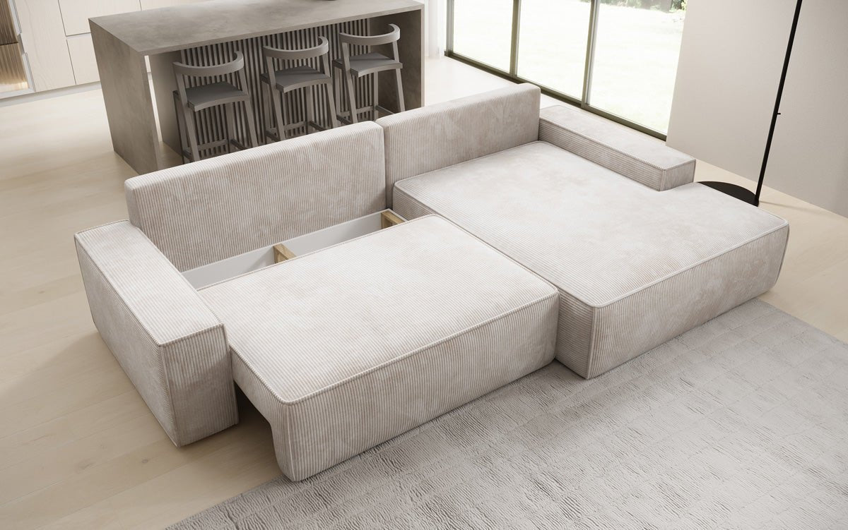 Designer Sofa Verona mit breiter Ottomane mit Schlaf- und Klappfunktion in Cord