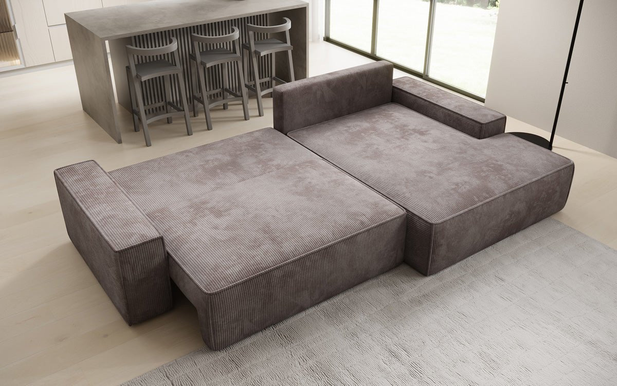 Designer Sofa Verona mit breiter Ottomane mit Schlaf- und Klappfunktion in Cord