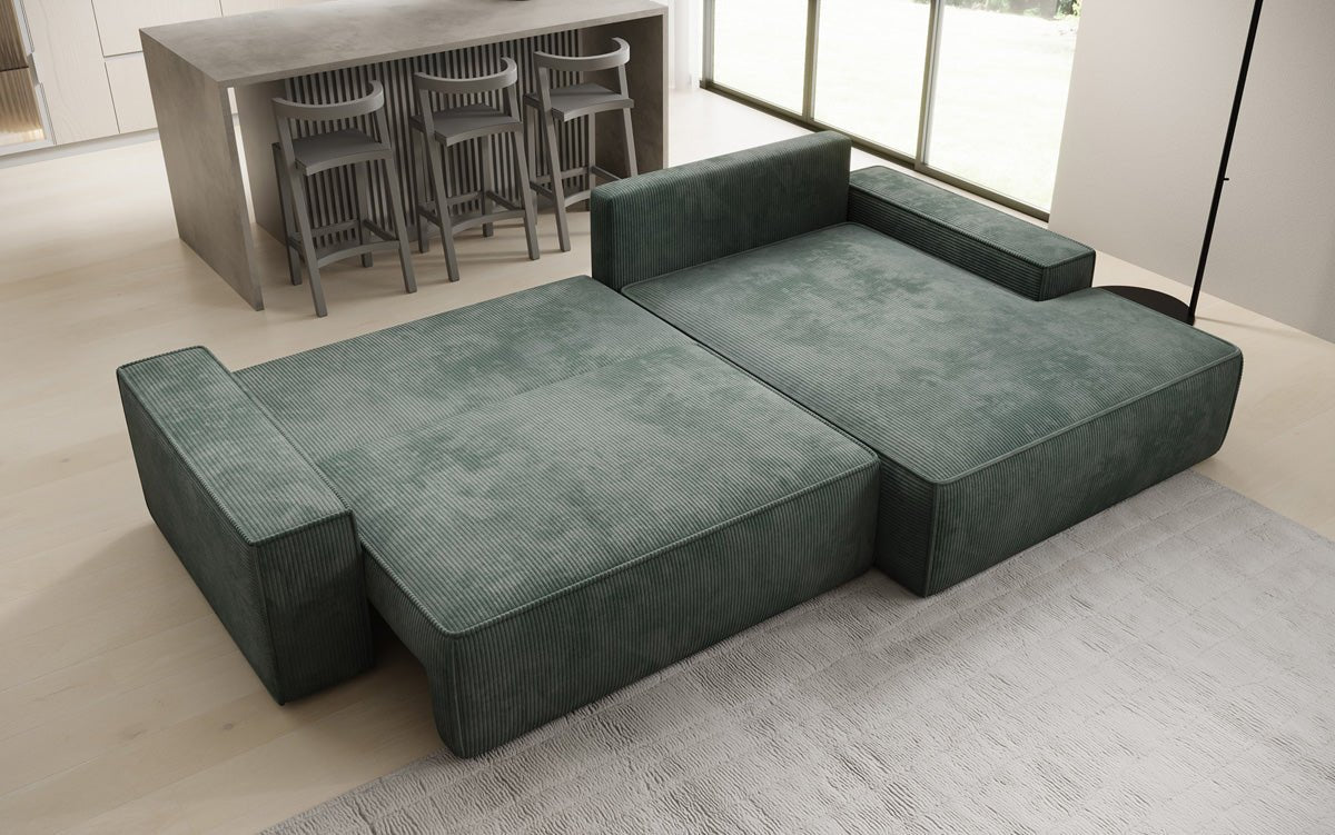 Designer Sofa Verona mit breiter Ottomane mit Schlaf- und Klappfunktion in Cord