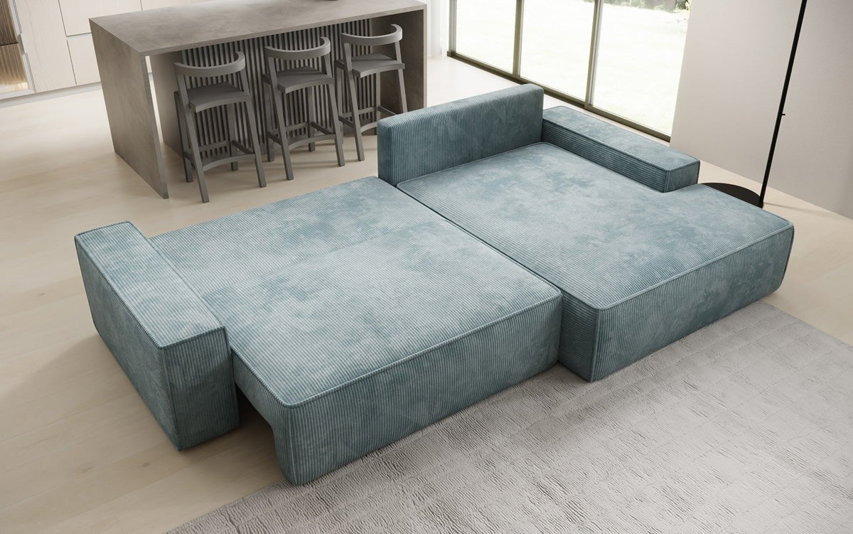 Designer Sofa Verona mit breiter Ottomane mit Schlaf- und Klappfunktion in Cord