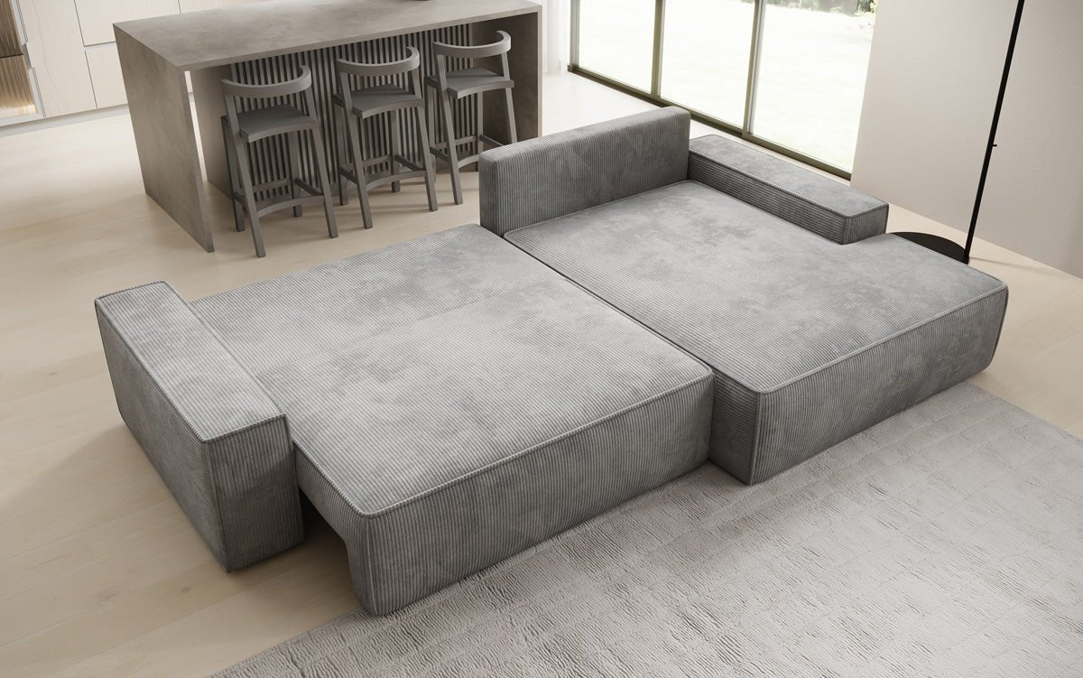 Designer Sofa Verona mit breiter Ottomane mit Schlaf- und Klappfunktion in Cord